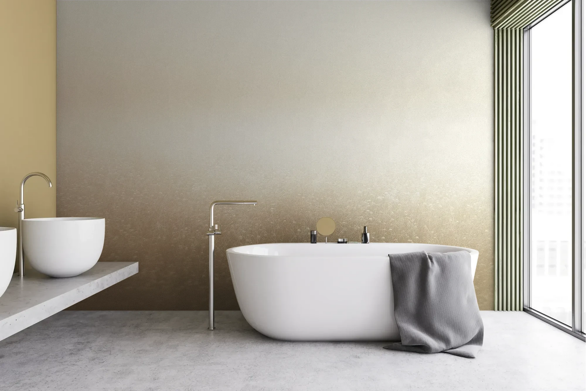 Wzór fototapety GOLDEN MIST - tapeta z delikatną mglistą abstrakcją pokazanej w aranżacji łazienki.