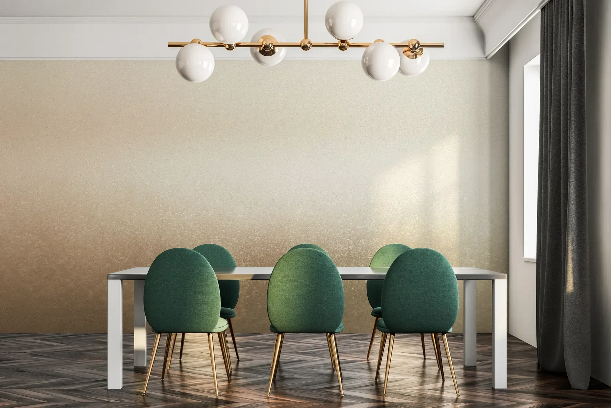 Fototapeta GOLDEN MIST - tapeta z delikatną mglistą abstrakcją pokazana w aranżacji jadalni.