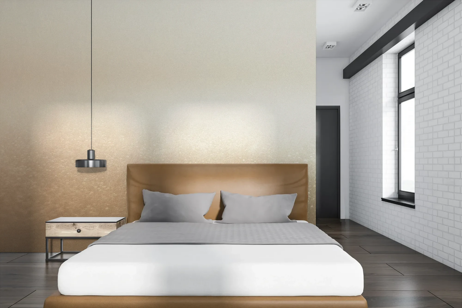 Wzór fototapety GOLDEN MIST - tapeta z delikatną mglistą abstrakcją pokazanej w aranżacji sypialni.