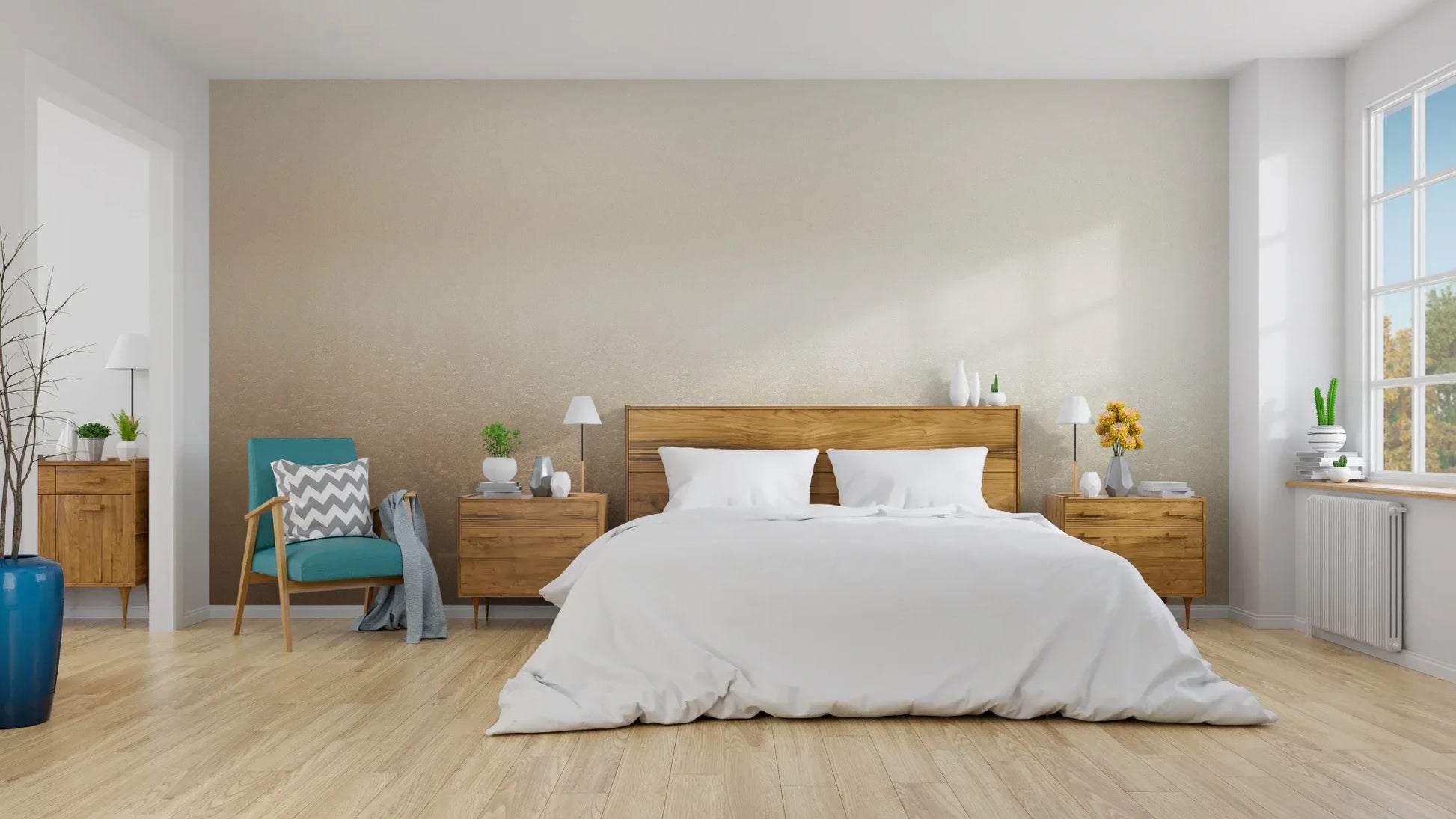 Wzór fototapety GOLDEN MIST - tapeta z delikatną mglistą abstrakcją pokazanej w aranżacji sypialni.