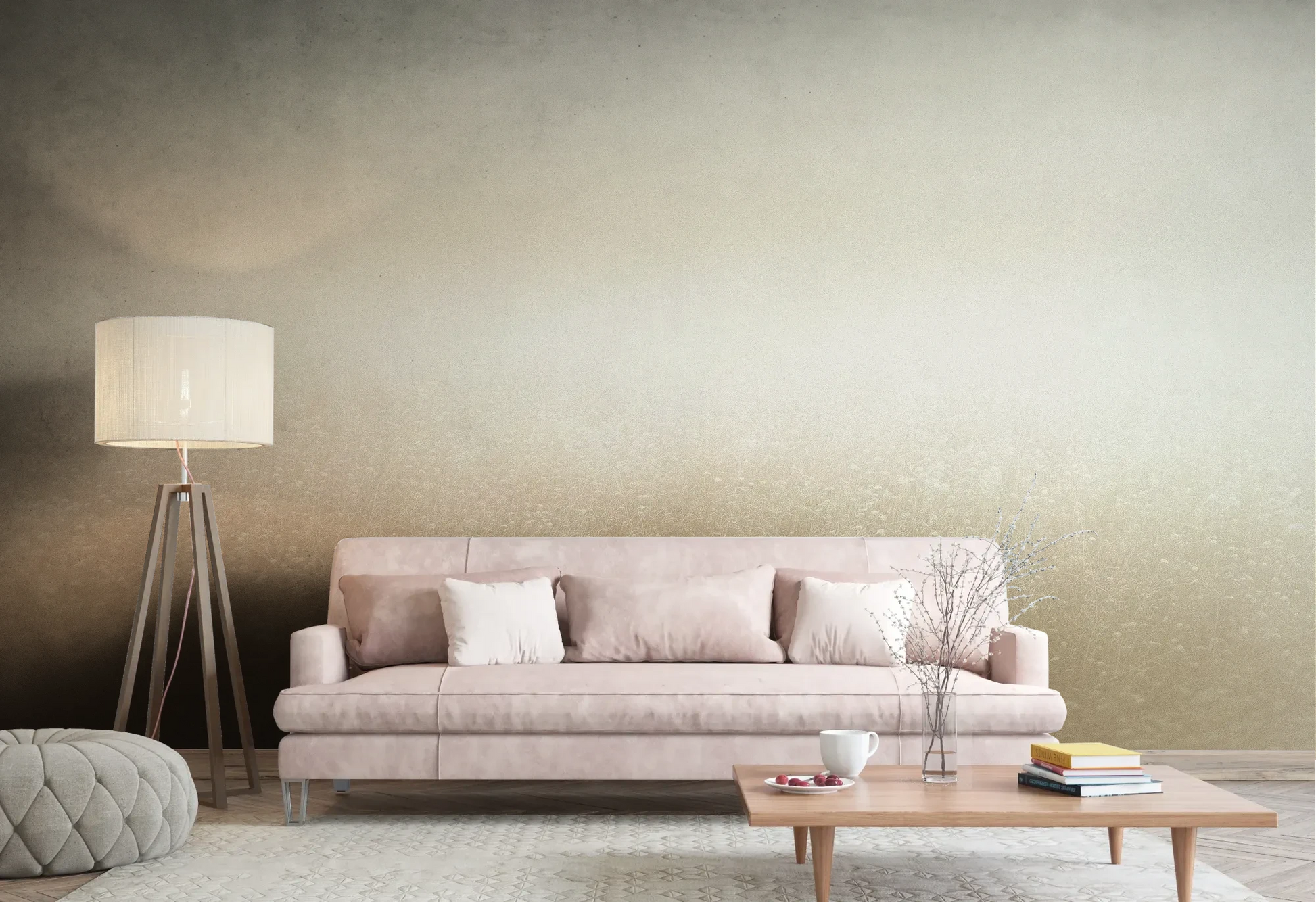 Wzór fototapety GOLDEN MIST - tapeta z delikatną mglistą abstrakcją pokazanej w aranżacji salonu.