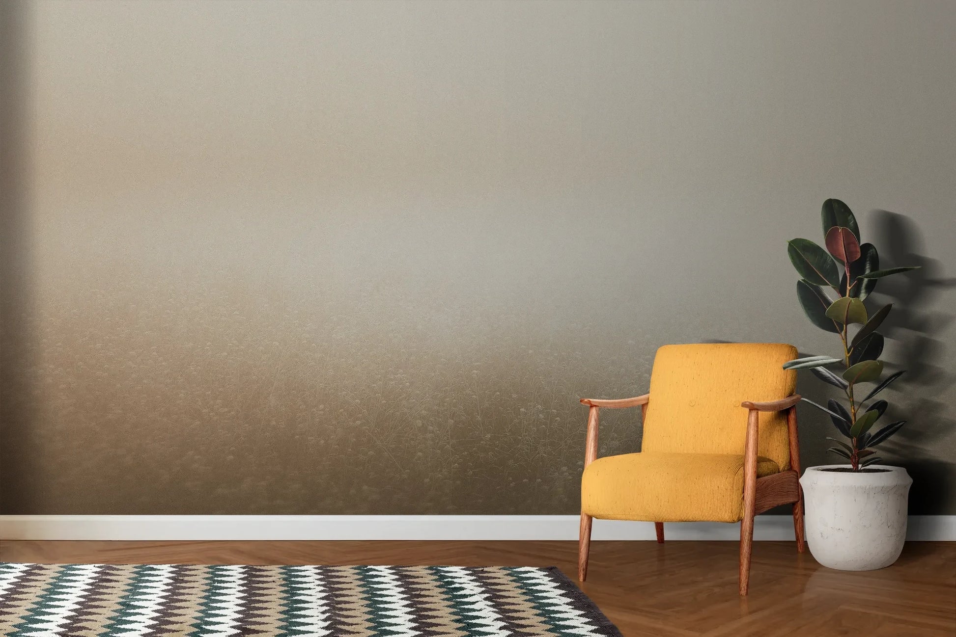 Wzór fototapety GOLDEN MIST - tapeta z delikatną mglistą abstrakcją pokazanej w aranżacji salonu.