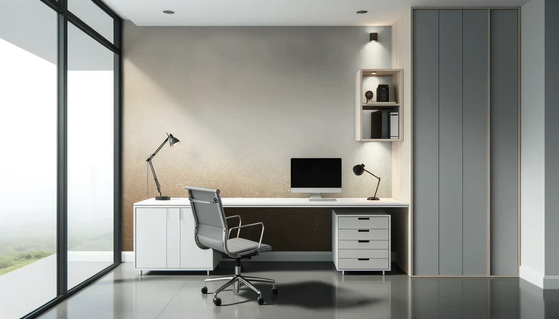 Fototapeta GOLDEN MIST - tapeta z delikatną mglistą abstrakcją pokazana w aranżacji biura.