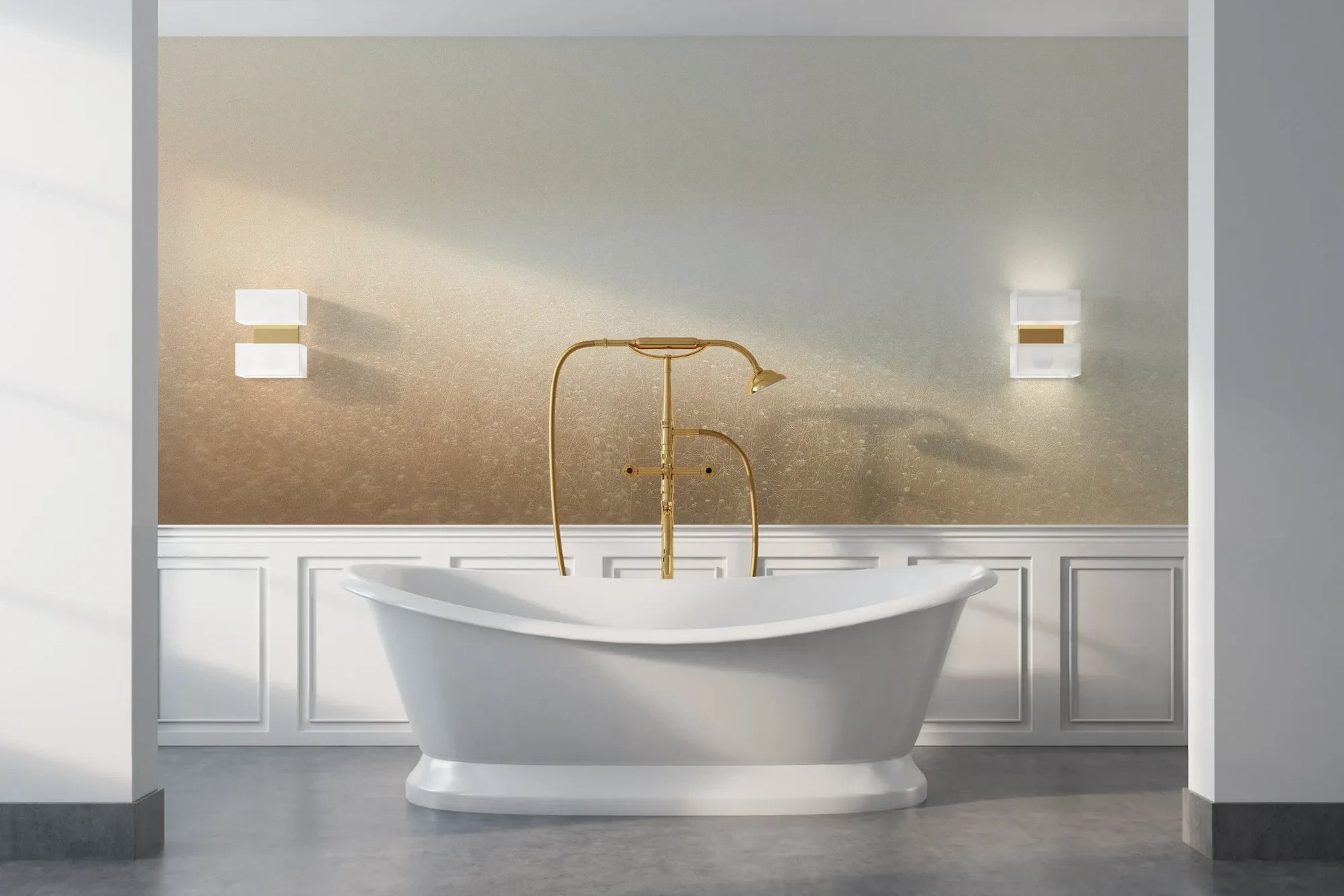 Wzór fototapety GOLDEN MIST - tapeta z delikatną mglistą abstrakcją pokazanej w aranżacji łazienki.