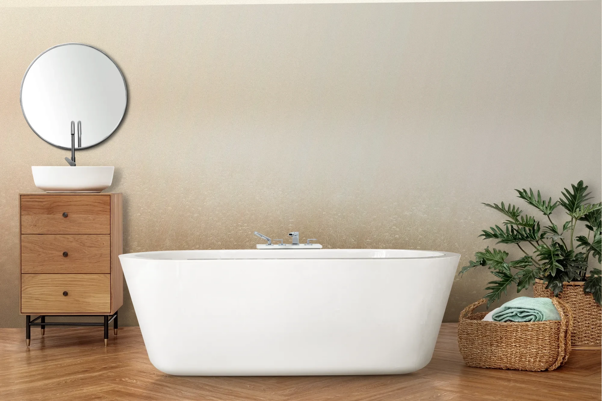 Wzór fototapety GOLDEN MIST - tapeta z delikatną mglistą abstrakcją pokazanej w aranżacji łazienki.