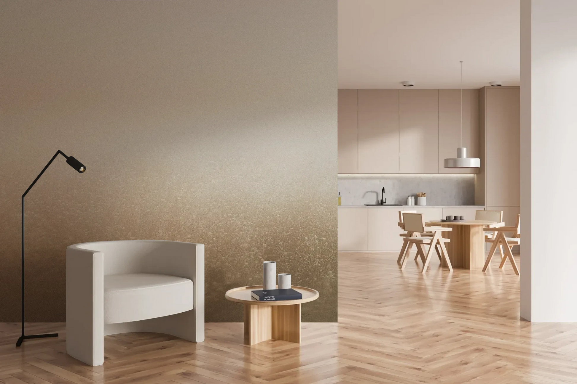 Wzór fototapety GOLDEN MIST - tapeta z delikatną mglistą abstrakcją pokazanej w aranżacji kuchni.