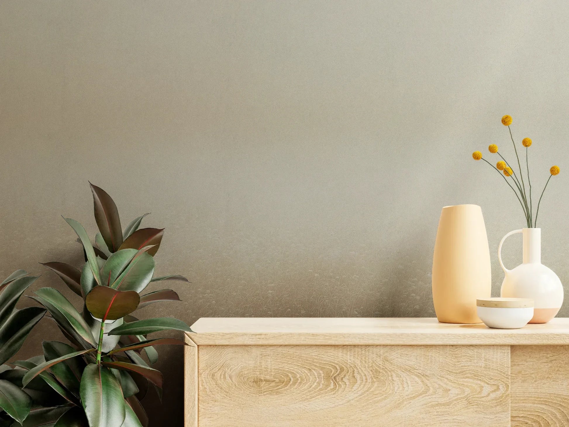 Fototapeta GOLDEN MIST - tapeta z delikatną mglistą abstrakcją pokazana w aranżacji wnętrza z akcentem na ścianie.