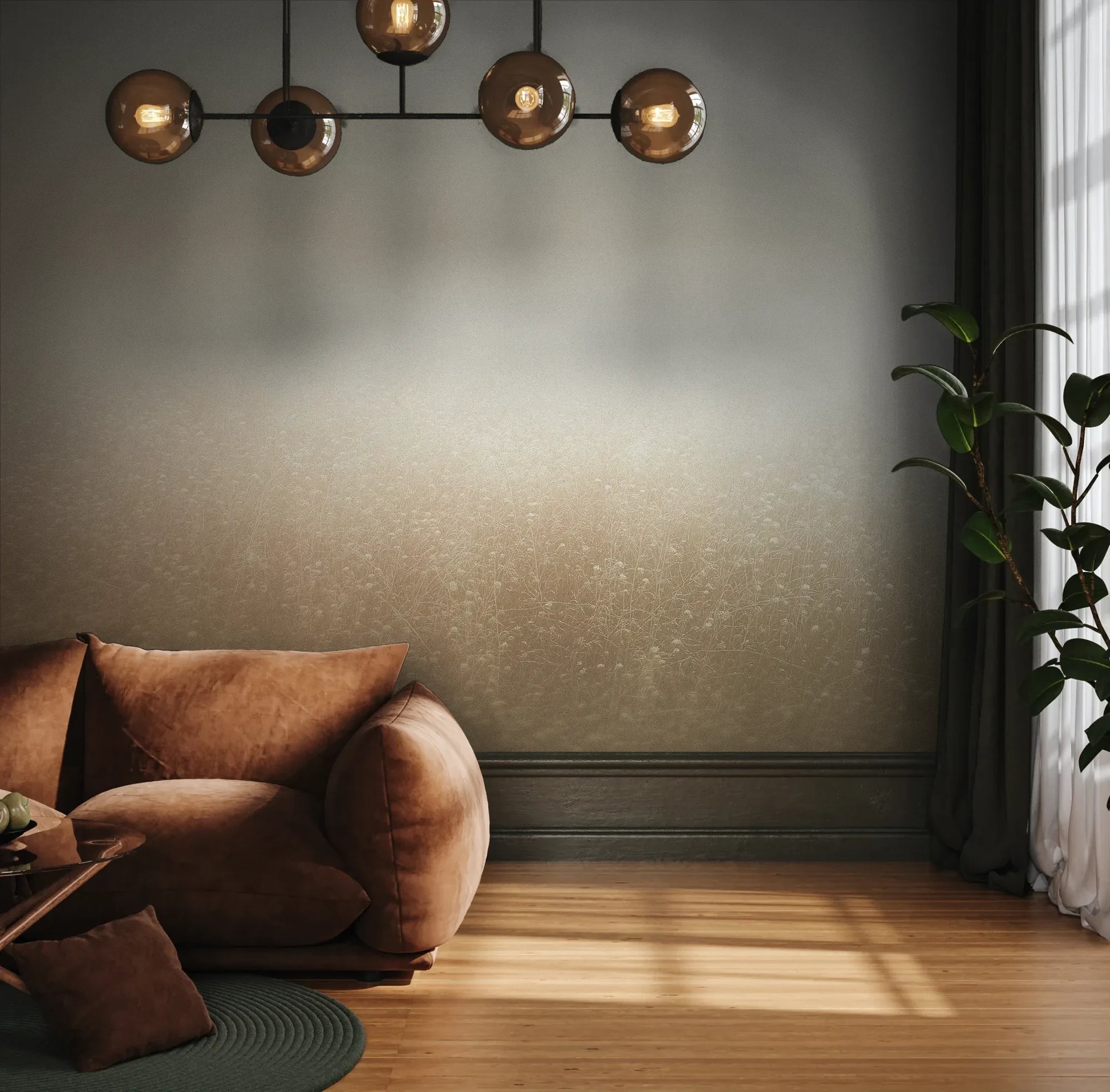 Fototapeta GOLDEN MIST - tapeta z delikatną mglistą abstrakcją pokazana w aranżacji wnętrza z akcentem na ścianie.