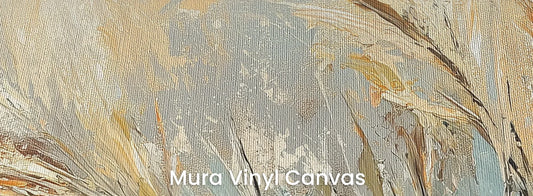 Zbliżenie na fototapetę HARVEST GLOW - tapeta z abstrakcyjnym malarstwem zbóż na podłożu o fakturze płótna.