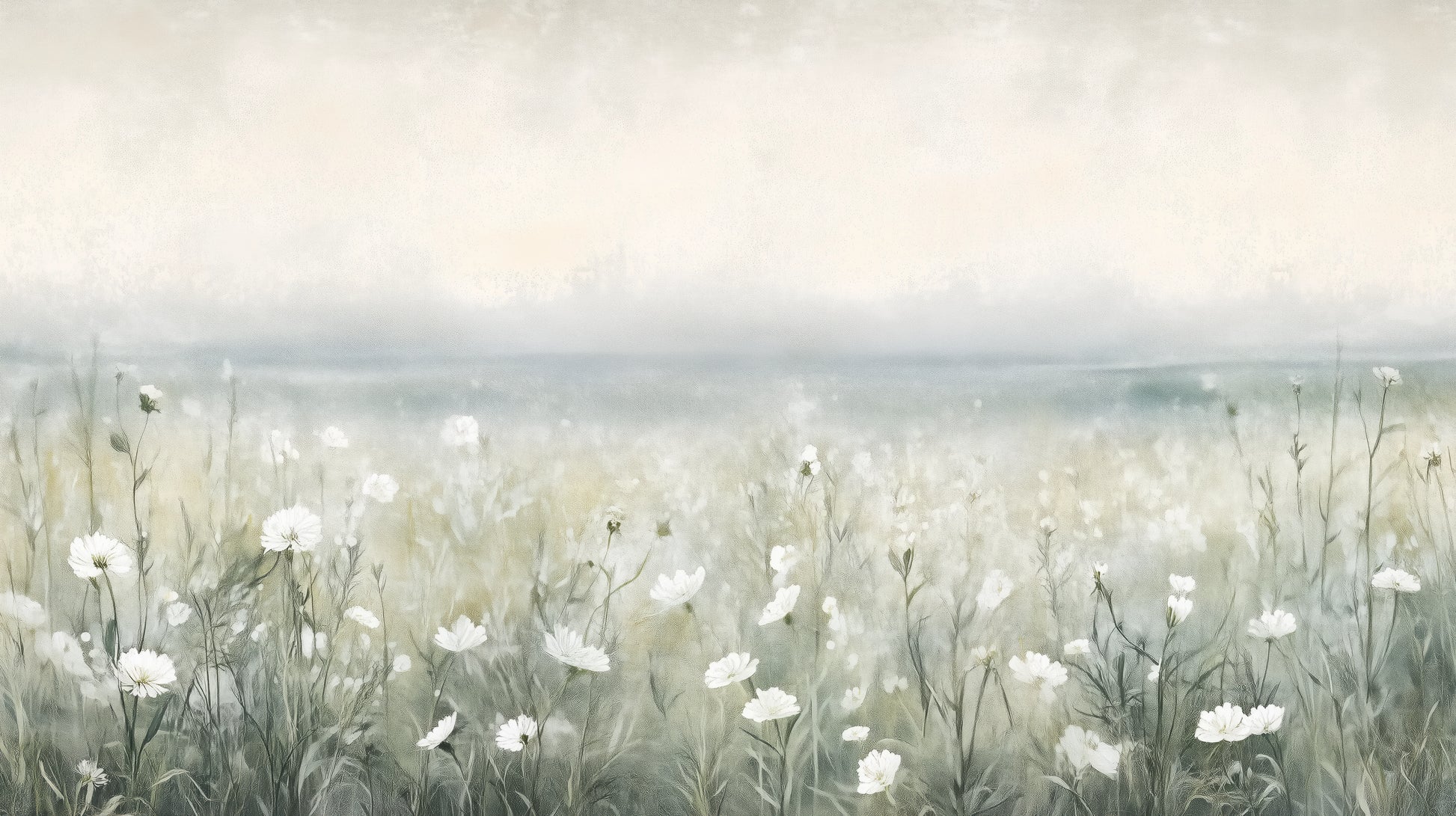 Prezentacja całego wzoru fototapety o nazwie PORCELAIN WILDSCAPE - tapeta z delikatną łąką w porannej mgle