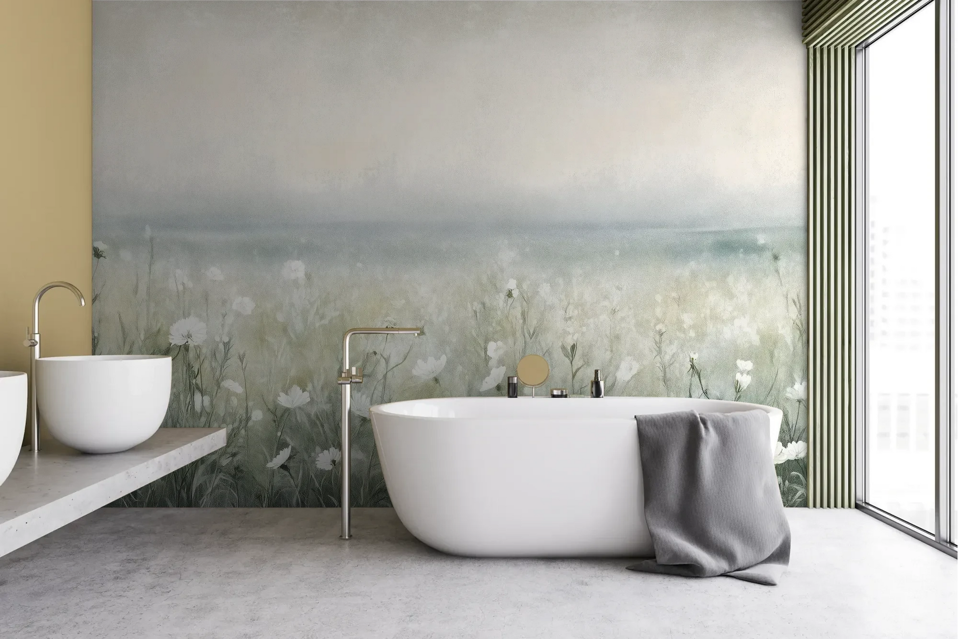 Wzór fototapety PORCELAIN WILDSCAPE - tapeta z delikatną łąką w porannej mgle pokazanej w aranżacji łazienki.