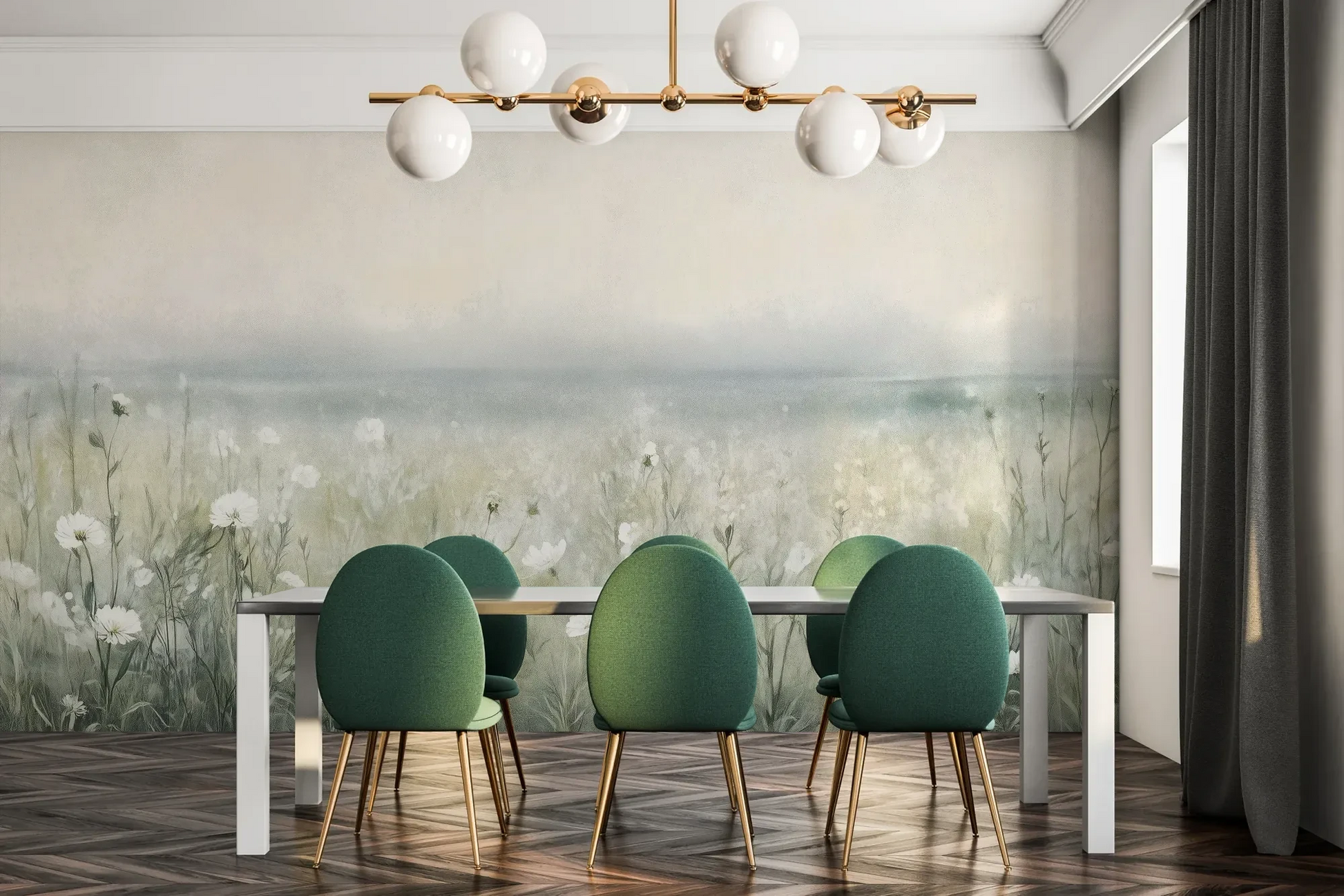Fototapeta PORCELAIN WILDSCAPE - tapeta z delikatną łąką w porannej mgle pokazana w aranżacji jadalni.