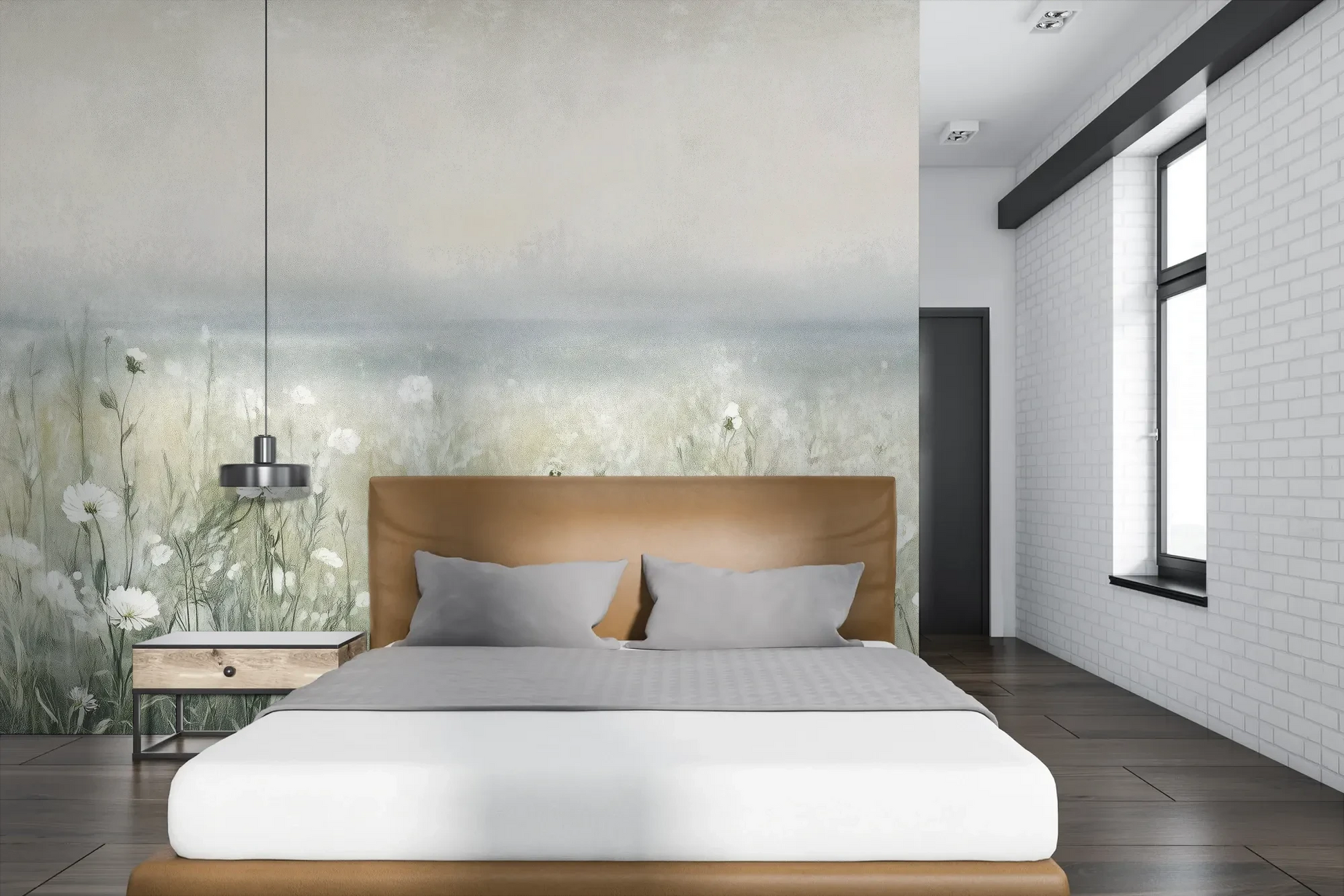 Wzór fototapety PORCELAIN WILDSCAPE - tapeta z delikatną łąką w porannej mgle pokazanej w aranżacji sypialni.