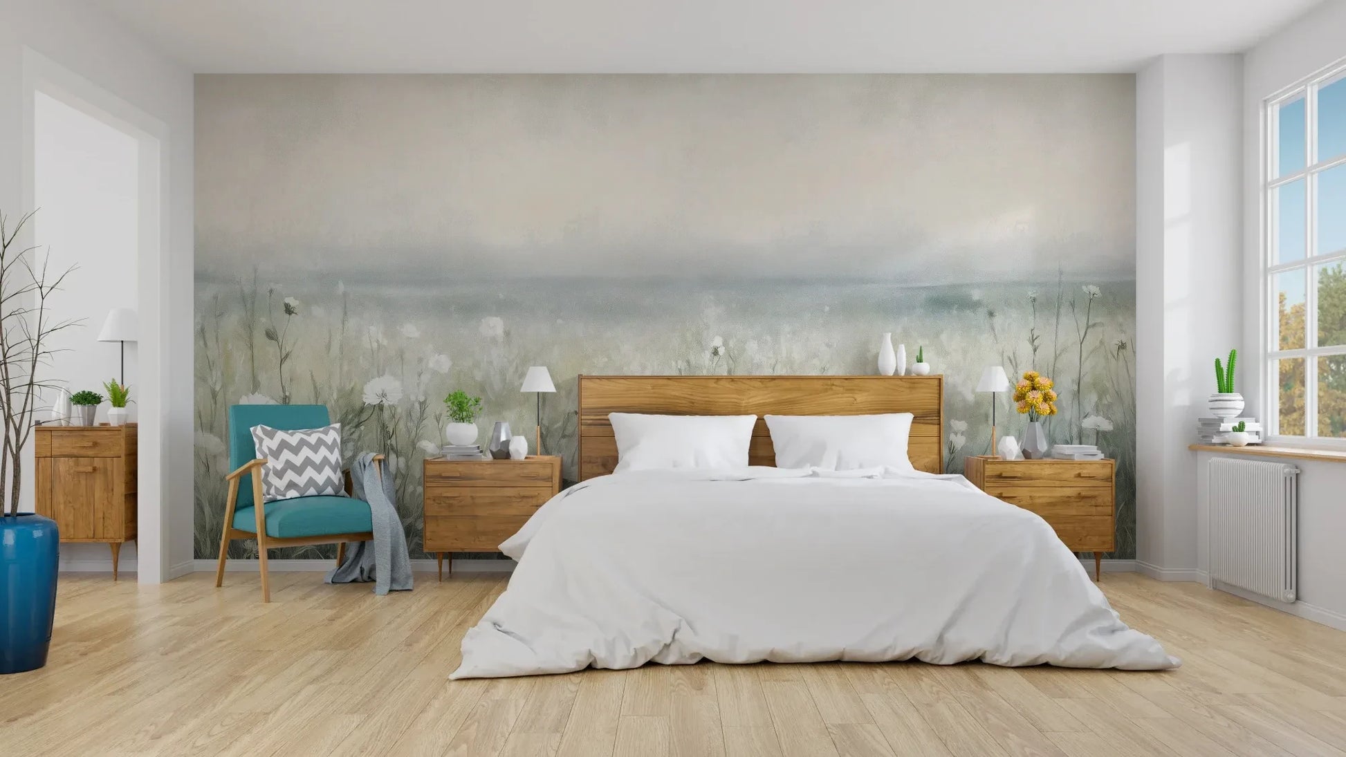 Wzór fototapety PORCELAIN WILDSCAPE - tapeta z delikatną łąką w porannej mgle pokazanej w aranżacji sypialni.