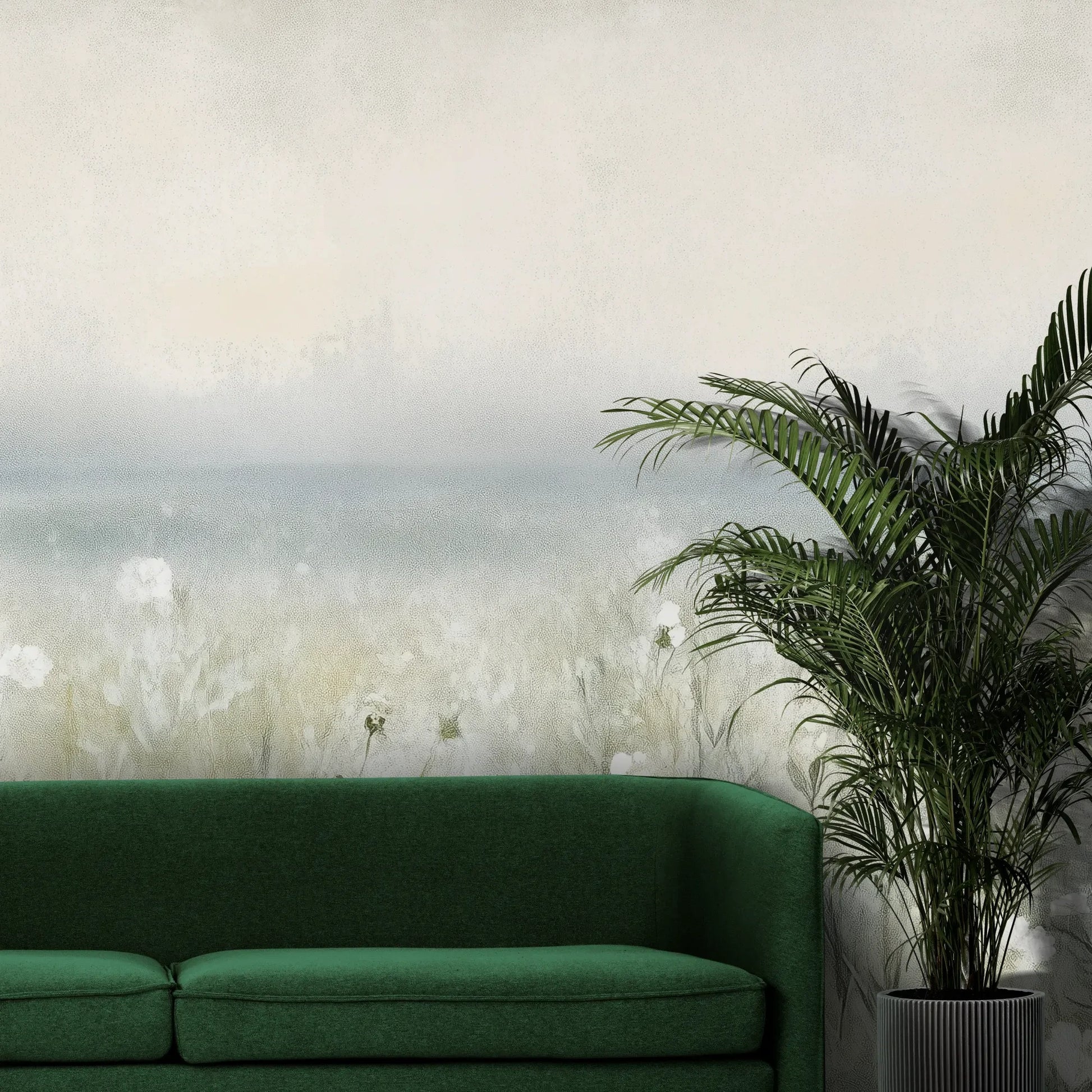 Fototapeta PORCELAIN WILDSCAPE - tapeta z delikatną łąką w porannej mgle pokazana w aranżacji wnętrza z akcentem na ścianie.