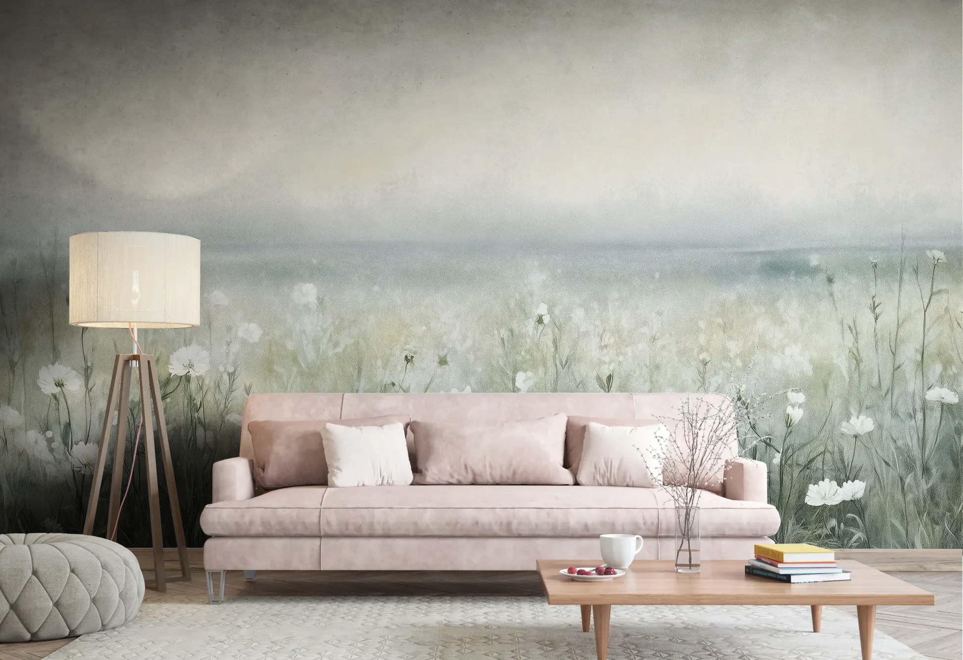Wzór fototapety PORCELAIN WILDSCAPE - tapeta z delikatną łąką w porannej mgle pokazanej w aranżacji salonu.