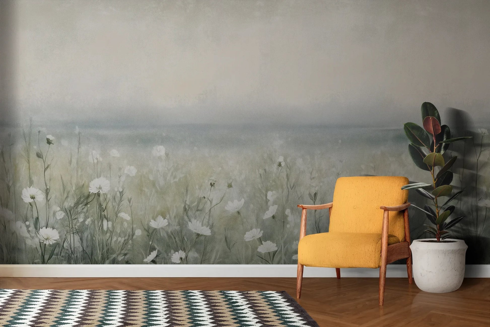 Wzór fototapety PORCELAIN WILDSCAPE - tapeta z delikatną łąką w porannej mgle pokazanej w aranżacji salonu.