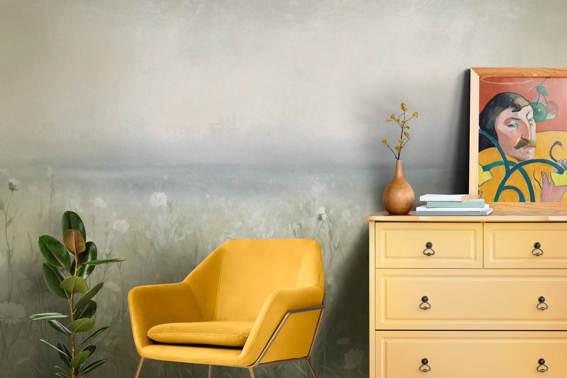 Wzór fototapety PORCELAIN WILDSCAPE - tapeta z delikatną łąką w porannej mgle pokazanej w aranżacji salonu.