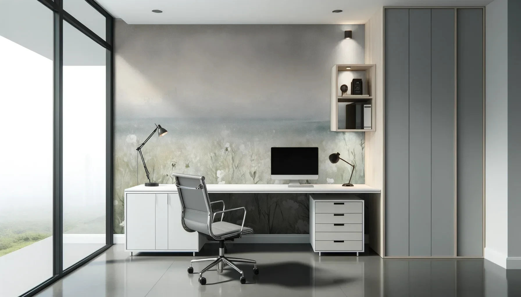 Fototapeta PORCELAIN WILDSCAPE - tapeta z delikatną łąką w porannej mgle pokazana w aranżacji biura.