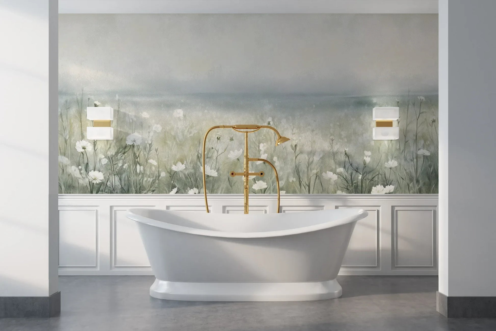 Wzór fototapety PORCELAIN WILDSCAPE - tapeta z delikatną łąką w porannej mgle pokazanej w aranżacji łazienki.