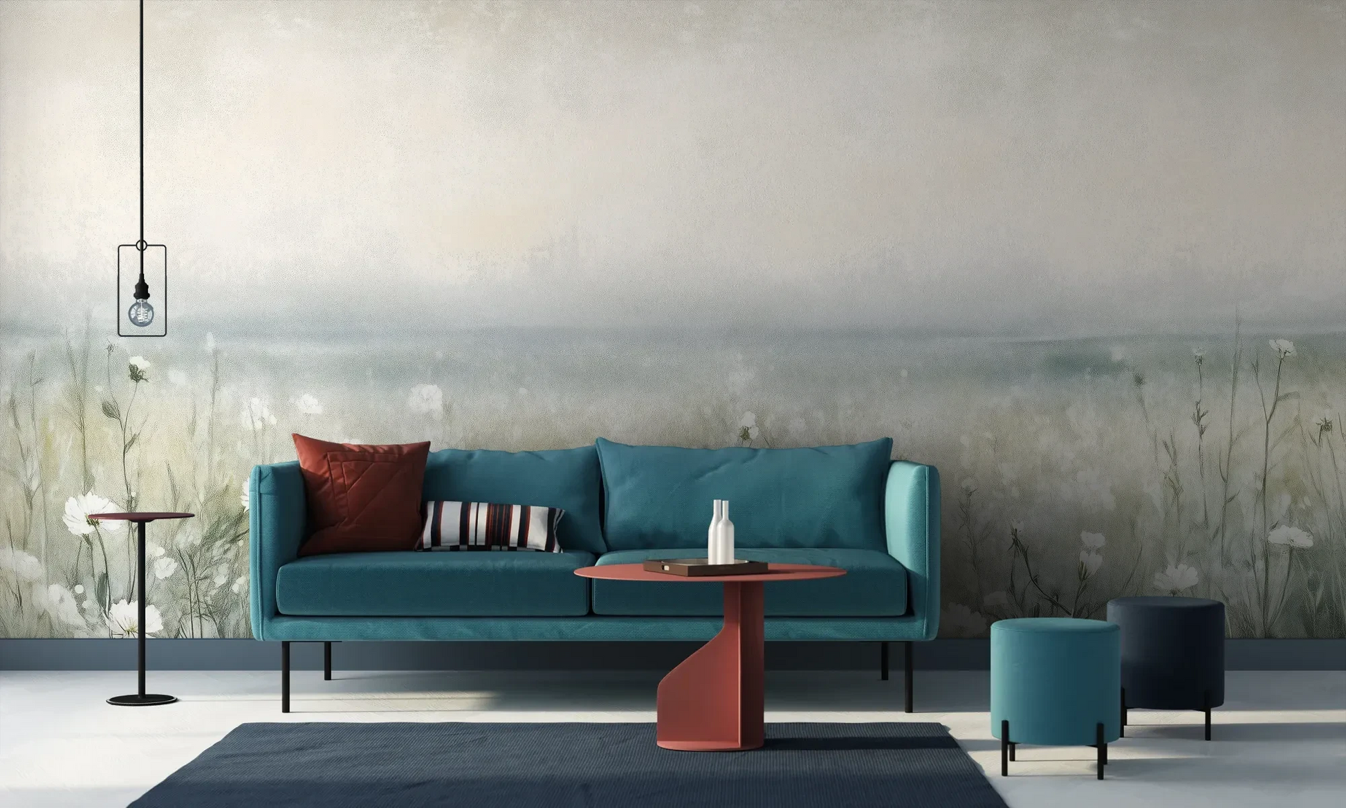 Wzór fototapety PORCELAIN WILDSCAPE - tapeta z delikatną łąką w porannej mgle pokazanej w aranżacji salonu.