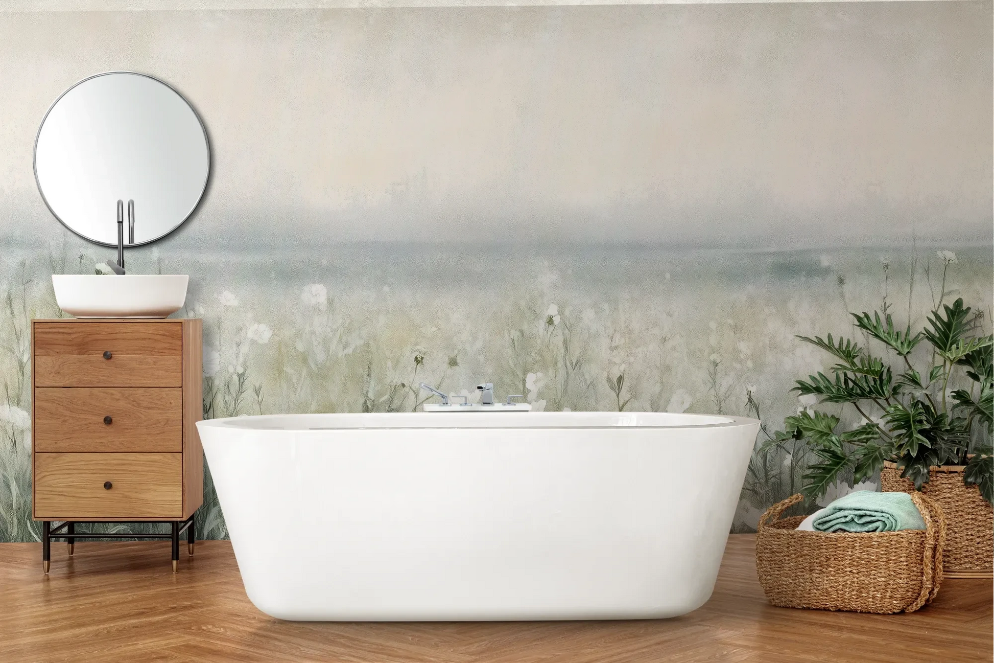 Wzór fototapety PORCELAIN WILDSCAPE - tapeta z delikatną łąką w porannej mgle pokazanej w aranżacji łazienki.