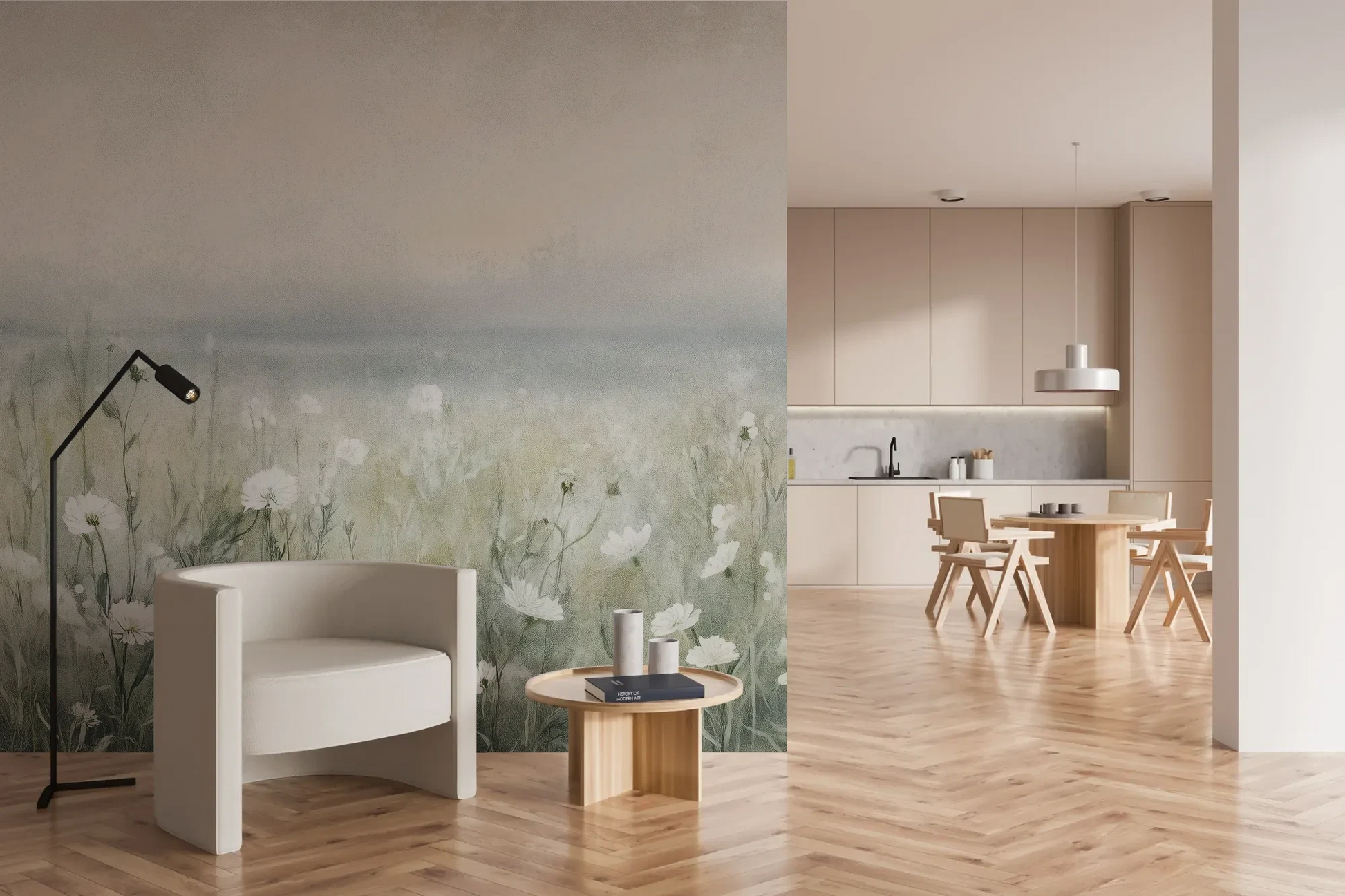 Wzór fototapety PORCELAIN WILDSCAPE - tapeta z delikatną łąką w porannej mgle pokazanej w aranżacji kuchni.