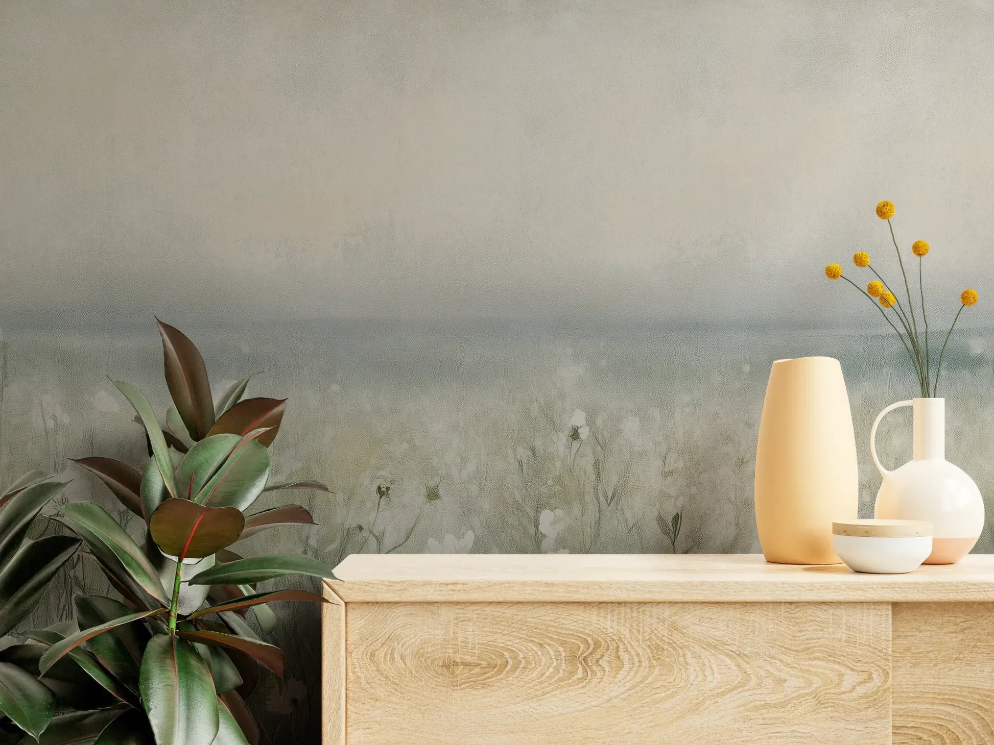 Fototapeta PORCELAIN WILDSCAPE - tapeta z delikatną łąką w porannej mgle pokazana w aranżacji wnętrza z akcentem na ścianie.