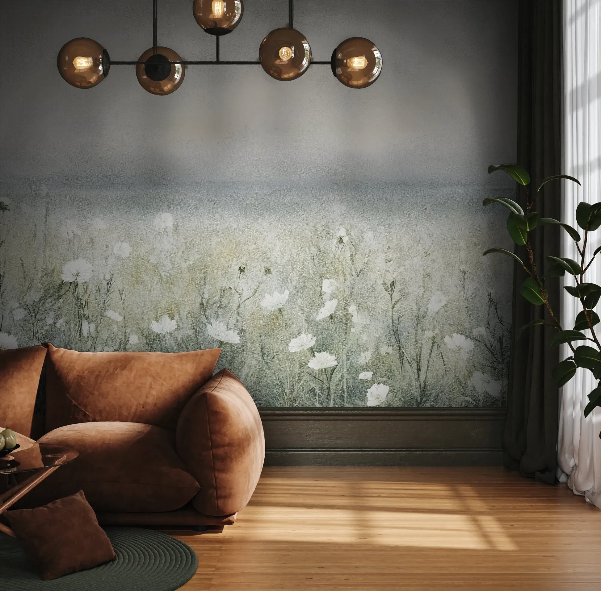Fototapeta PORCELAIN WILDSCAPE - tapeta z delikatną łąką w porannej mgle pokazana w aranżacji wnętrza z akcentem na ścianie.