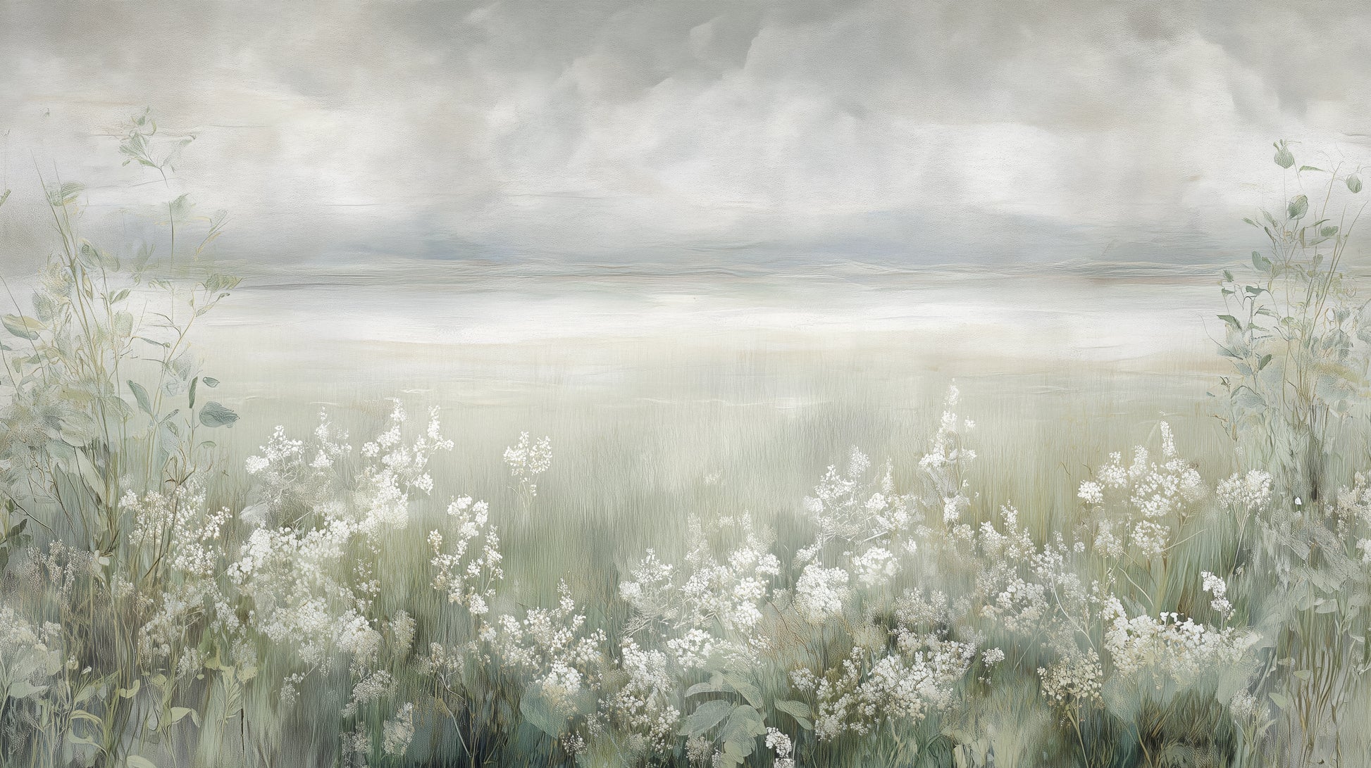 Prezentacja całego wzoru fototapety o nazwie MISTY BLOOM FIELDS - tapeta z mglistą łąką i dzikimi kwiatami