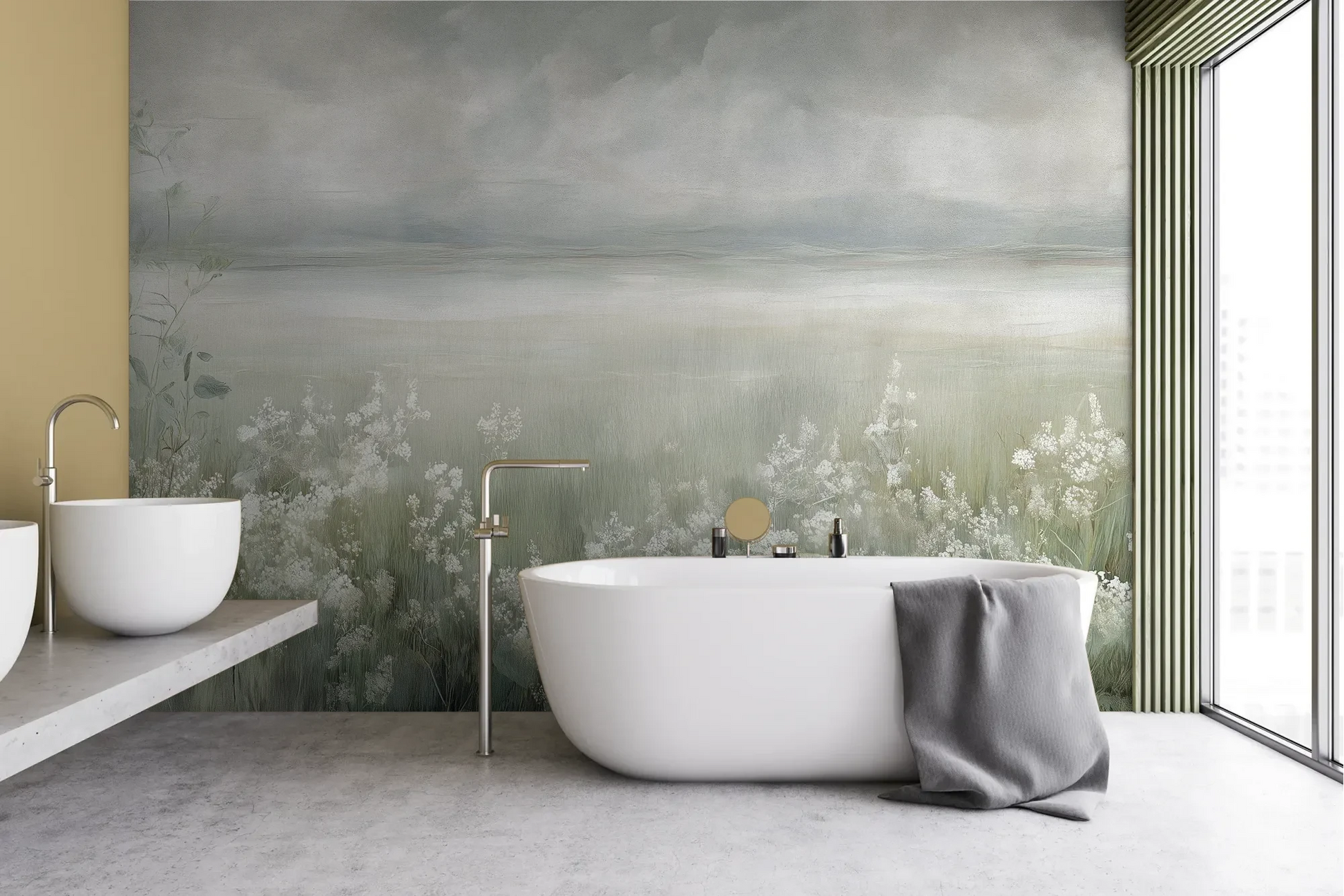Wzór fototapety MISTY BLOOM FIELDS - tapeta z mglistą łąką i dzikimi kwiatami pokazanej w aranżacji łazienki.