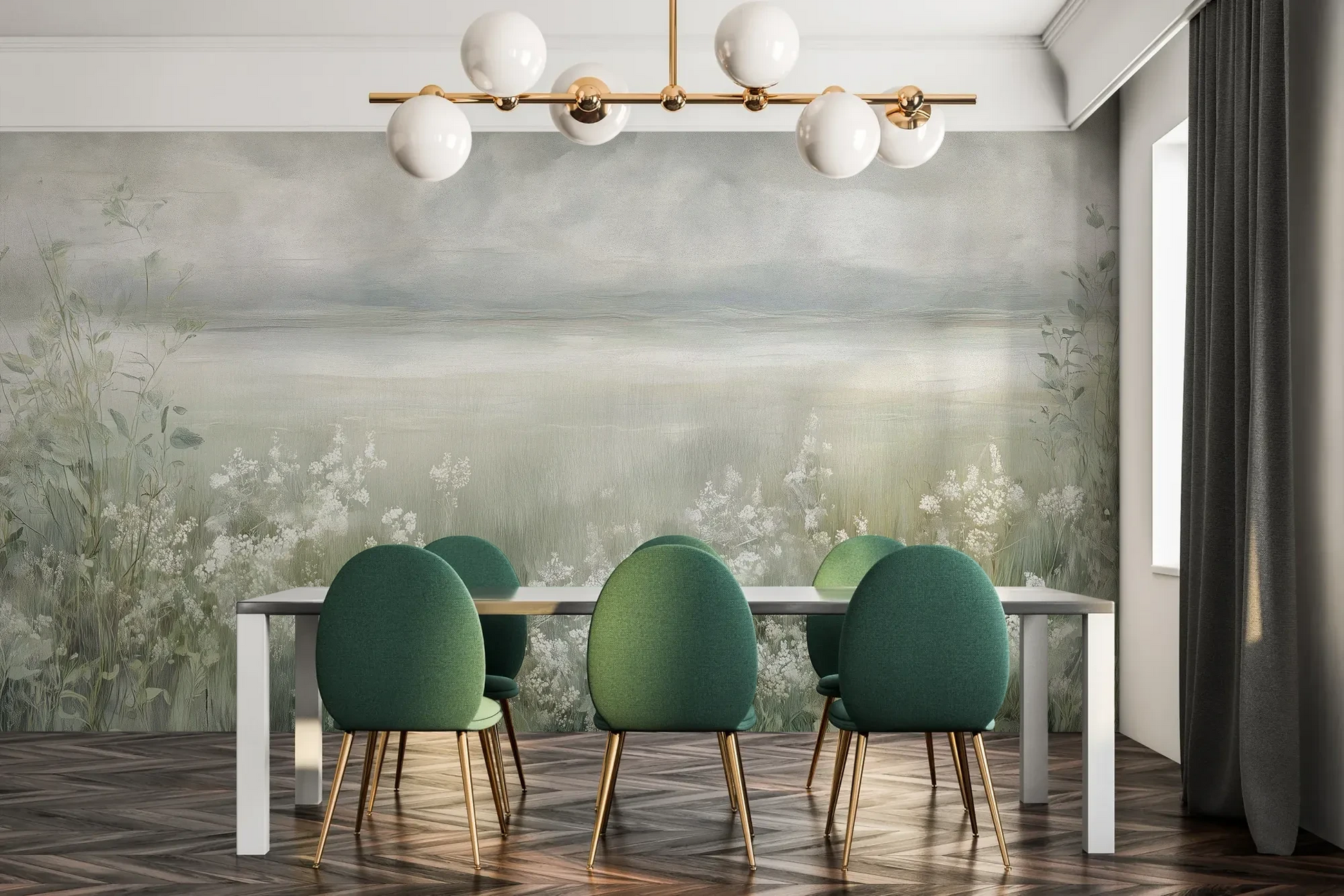 Fototapeta MISTY BLOOM FIELDS - tapeta z mglistą łąką i dzikimi kwiatami pokazana w aranżacji jadalni.