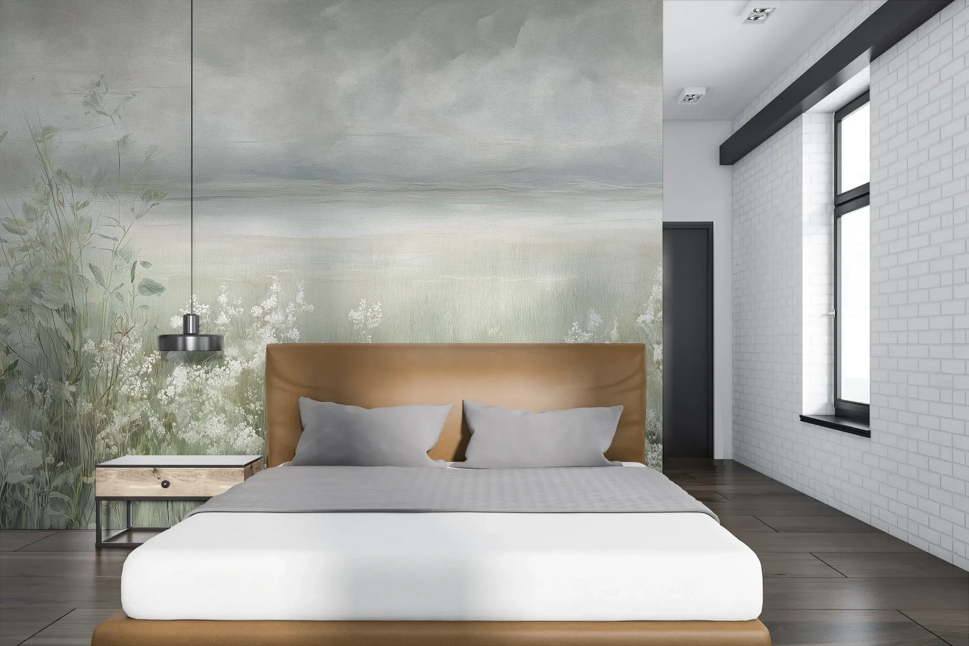 Wzór fototapety MISTY BLOOM FIELDS - tapeta z mglistą łąką i dzikimi kwiatami pokazanej w aranżacji sypialni.