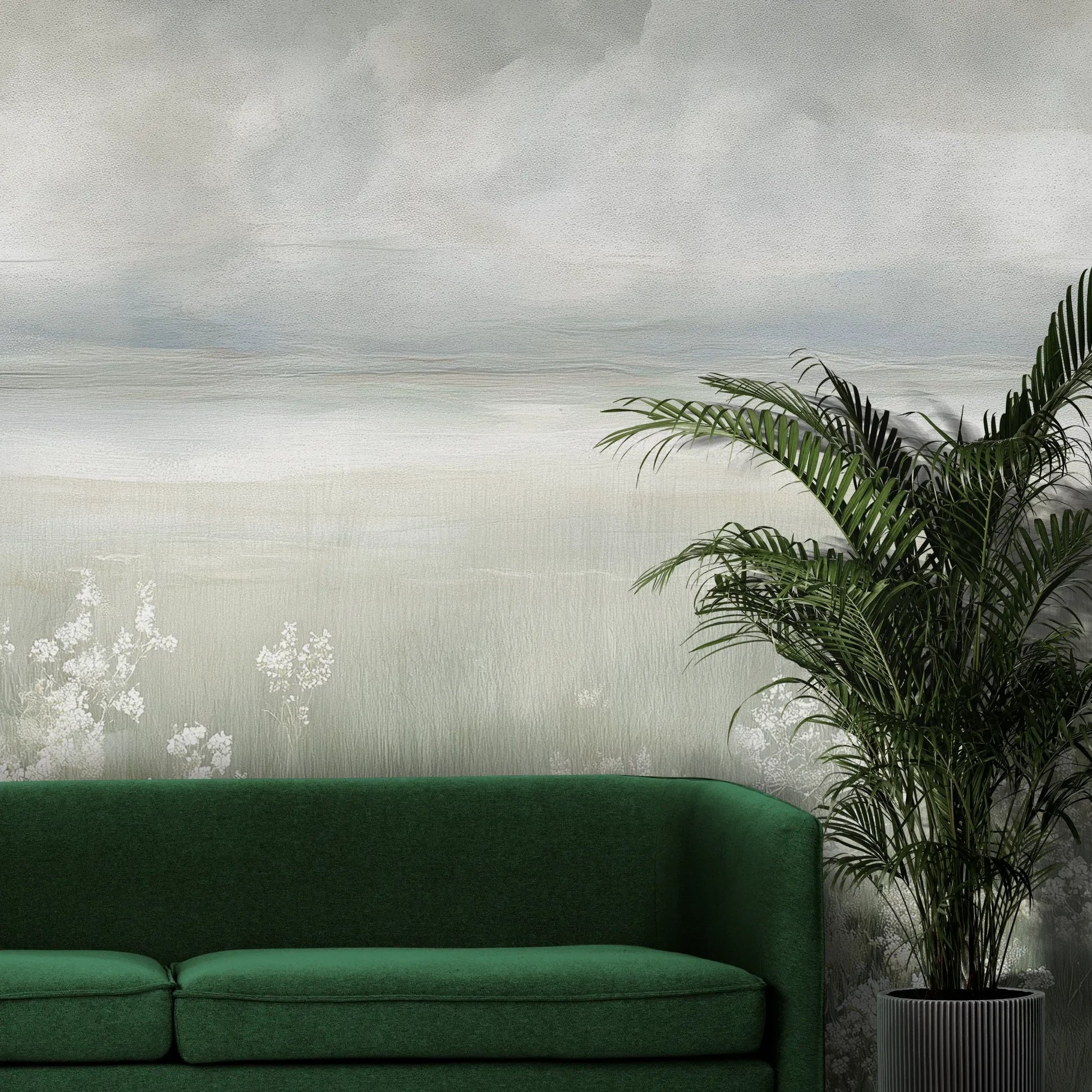 Fototapeta MISTY BLOOM FIELDS - tapeta z mglistą łąką i dzikimi kwiatami pokazana w aranżacji wnętrza z akcentem na ścianie.