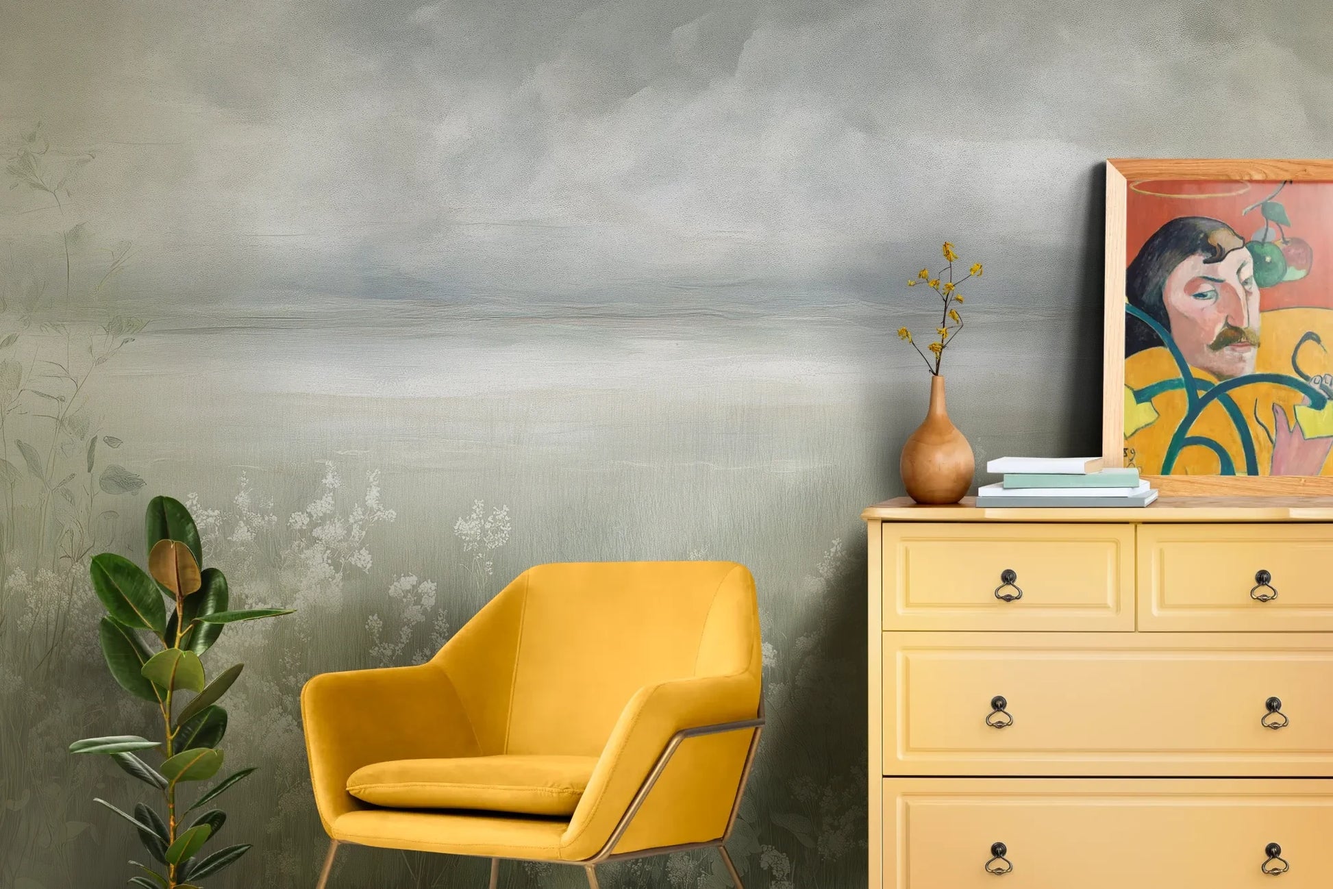 Wzór fototapety MISTY BLOOM FIELDS - tapeta z mglistą łąką i dzikimi kwiatami pokazanej w aranżacji salonu.