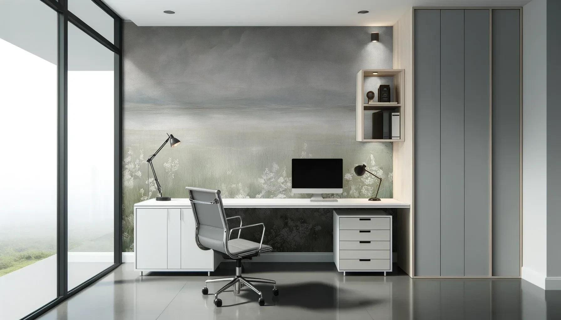 Fototapeta MISTY BLOOM FIELDS - tapeta z mglistą łąką i dzikimi kwiatami pokazana w aranżacji biura.