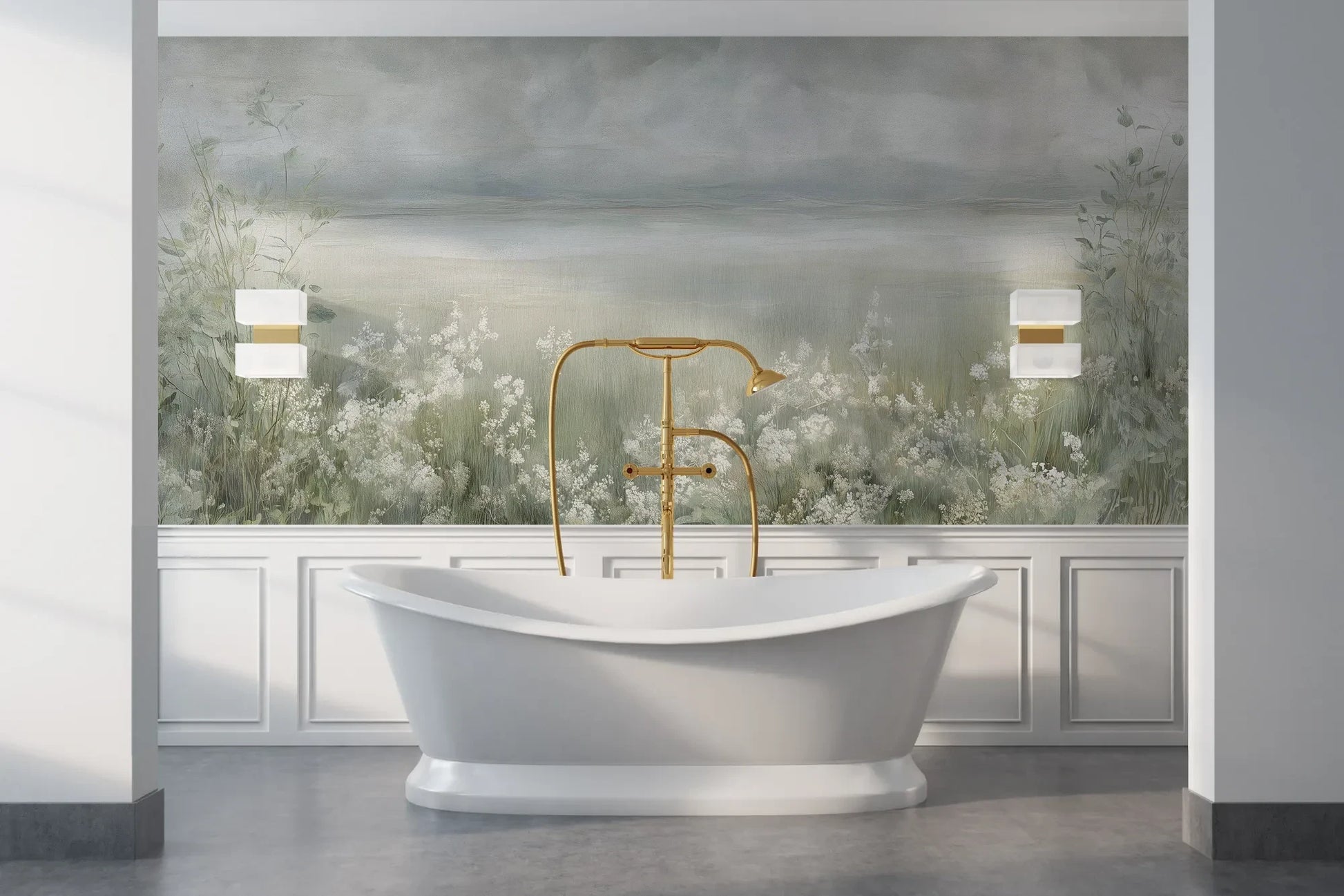 Wzór fototapety MISTY BLOOM FIELDS - tapeta z mglistą łąką i dzikimi kwiatami pokazanej w aranżacji łazienki.