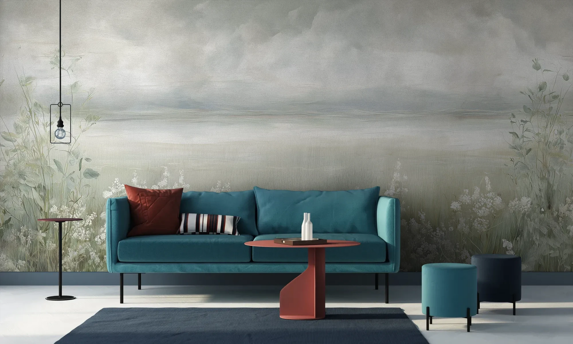 Wzór fototapety MISTY BLOOM FIELDS - tapeta z mglistą łąką i dzikimi kwiatami pokazanej w aranżacji salonu.