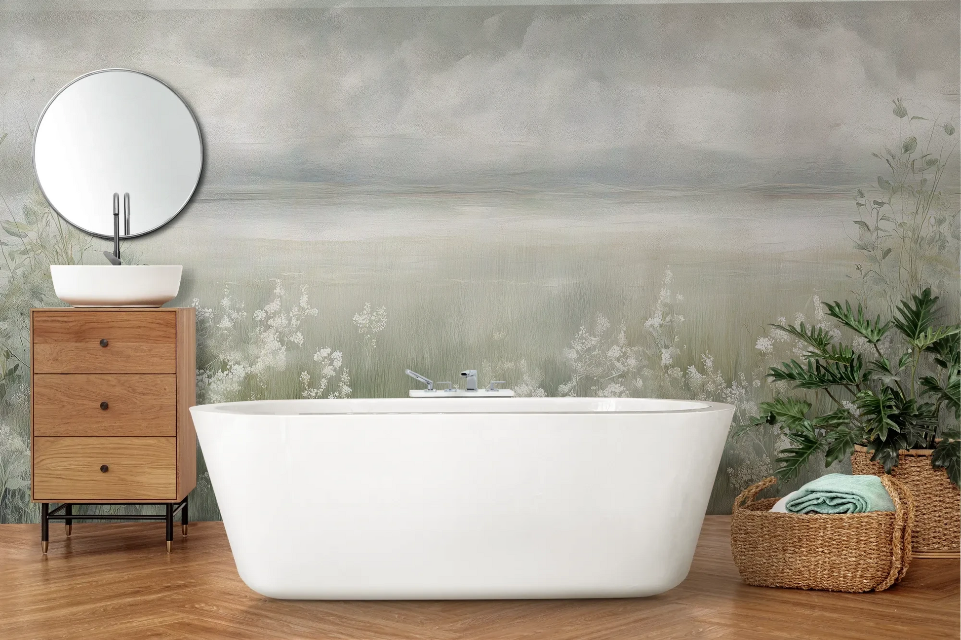 Wzór fototapety MISTY BLOOM FIELDS - tapeta z mglistą łąką i dzikimi kwiatami pokazanej w aranżacji łazienki.