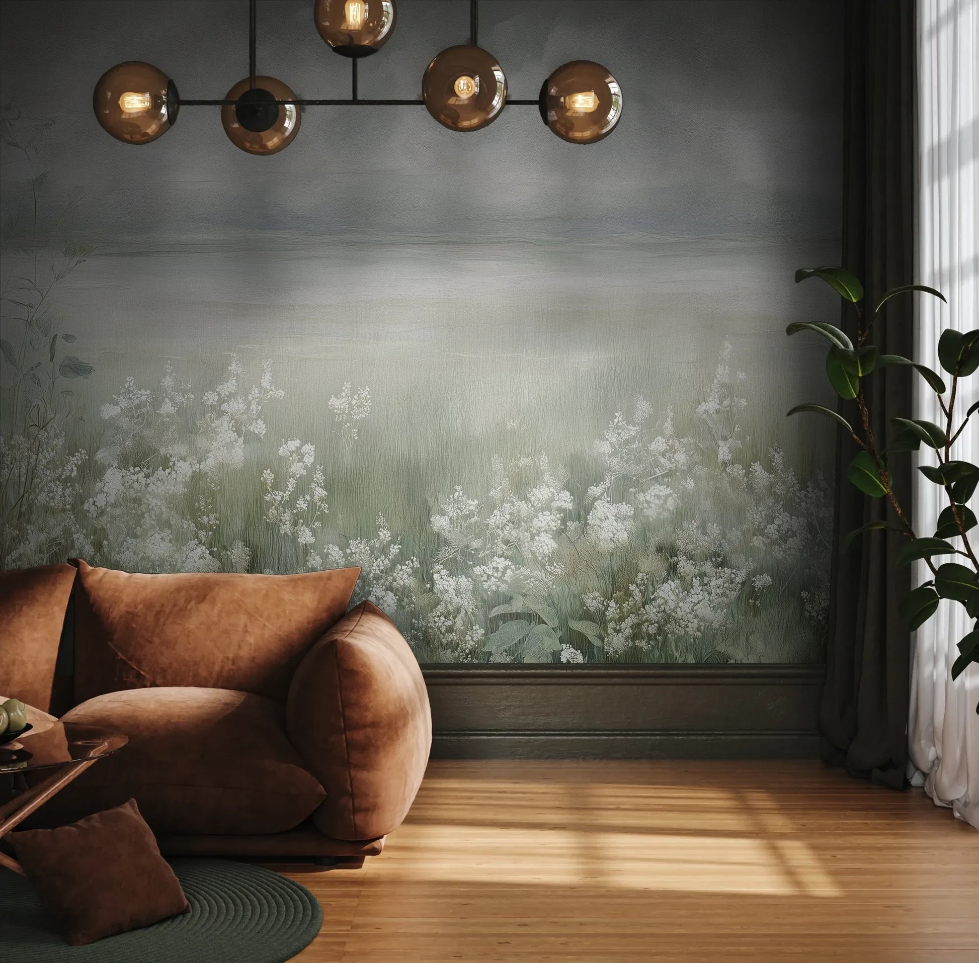 Fototapeta MISTY BLOOM FIELDS - tapeta z mglistą łąką i dzikimi kwiatami pokazana w aranżacji wnętrza z akcentem na ścianie.