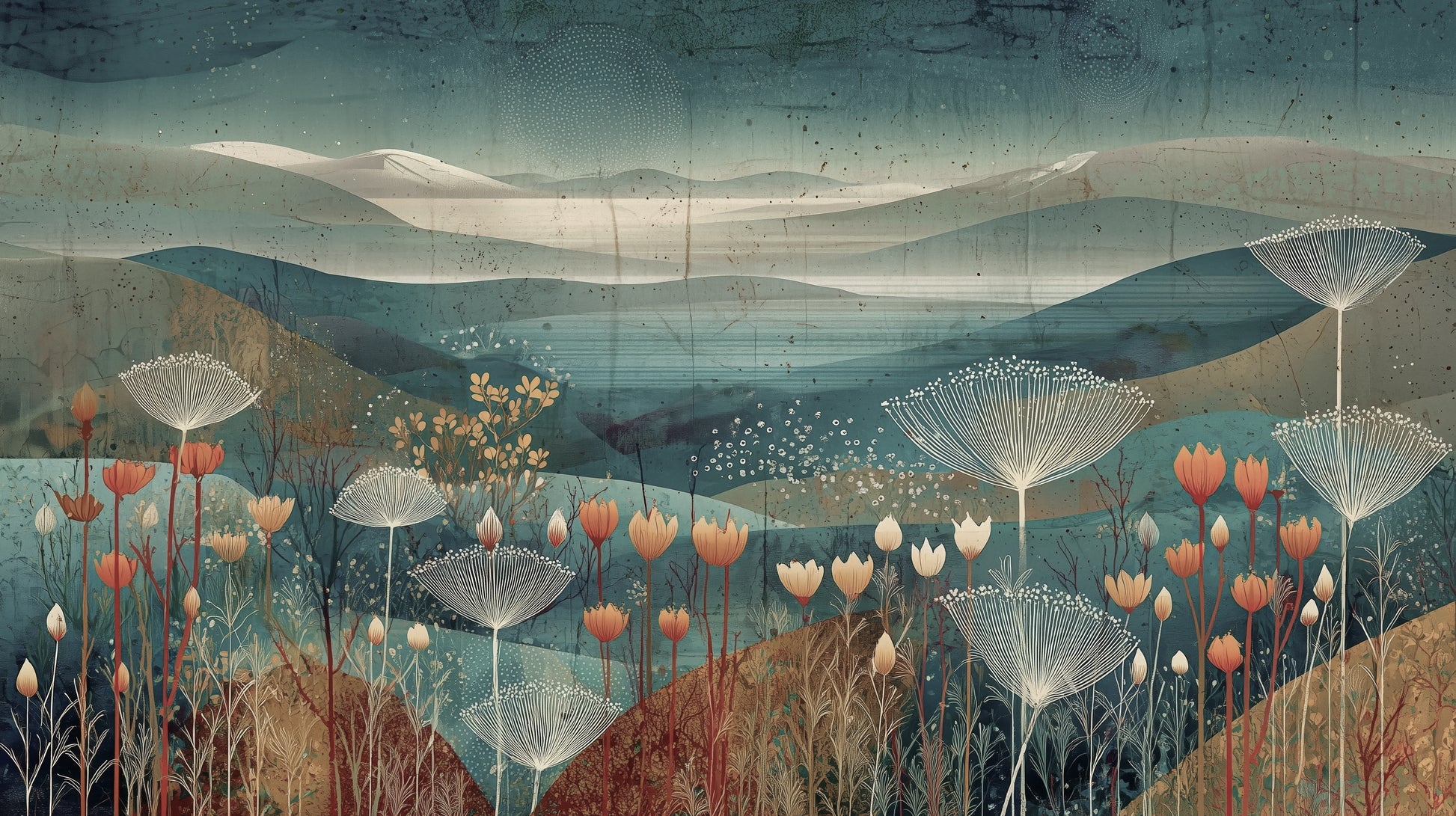 Prezentacja całego wzoru fototapety o nazwie ETHEREAL VALLEYS - tapeta z marzycielskim krajobrazem