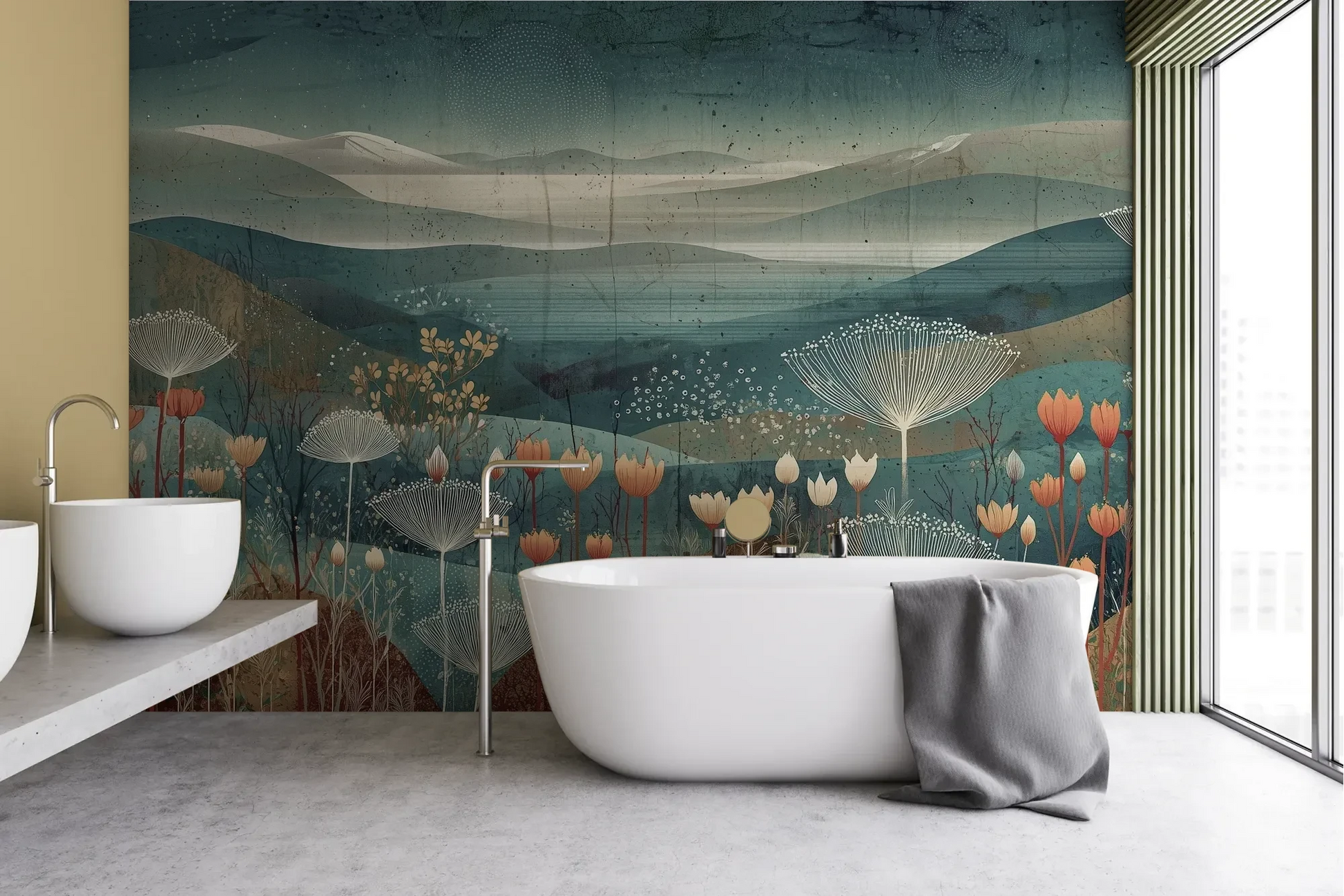 Wzór fototapety ETHEREAL VALLEYS - tapeta z marzycielskim krajobrazem pokazanej w aranżacji łazienki.