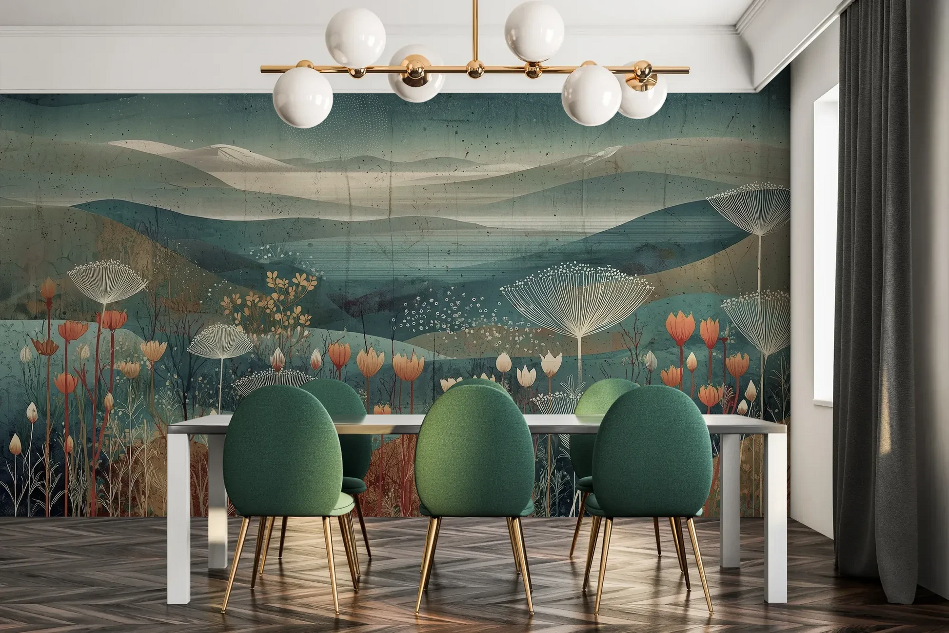 Fototapeta ETHEREAL VALLEYS - tapeta z marzycielskim krajobrazem pokazana w aranżacji jadalni.