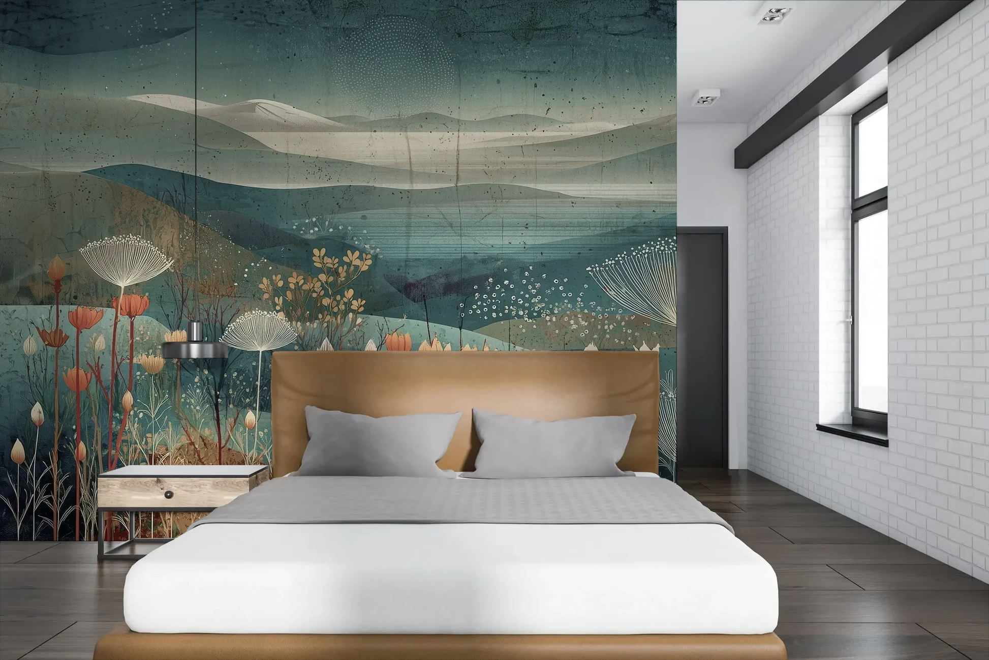 Wzór fototapety ETHEREAL VALLEYS - tapeta z marzycielskim krajobrazem pokazanej w aranżacji sypialni.