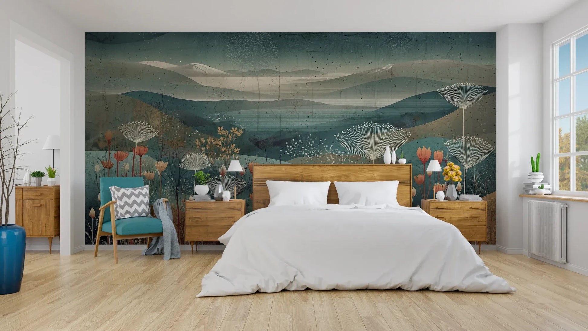Wzór fototapety ETHEREAL VALLEYS - tapeta z marzycielskim krajobrazem pokazanej w aranżacji sypialni.