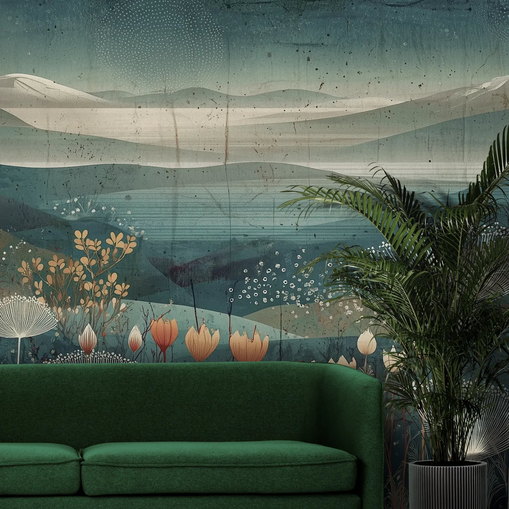 Fototapeta ETHEREAL VALLEYS - tapeta z marzycielskim krajobrazem pokazana w aranżacji wnętrza z akcentem na ścianie.