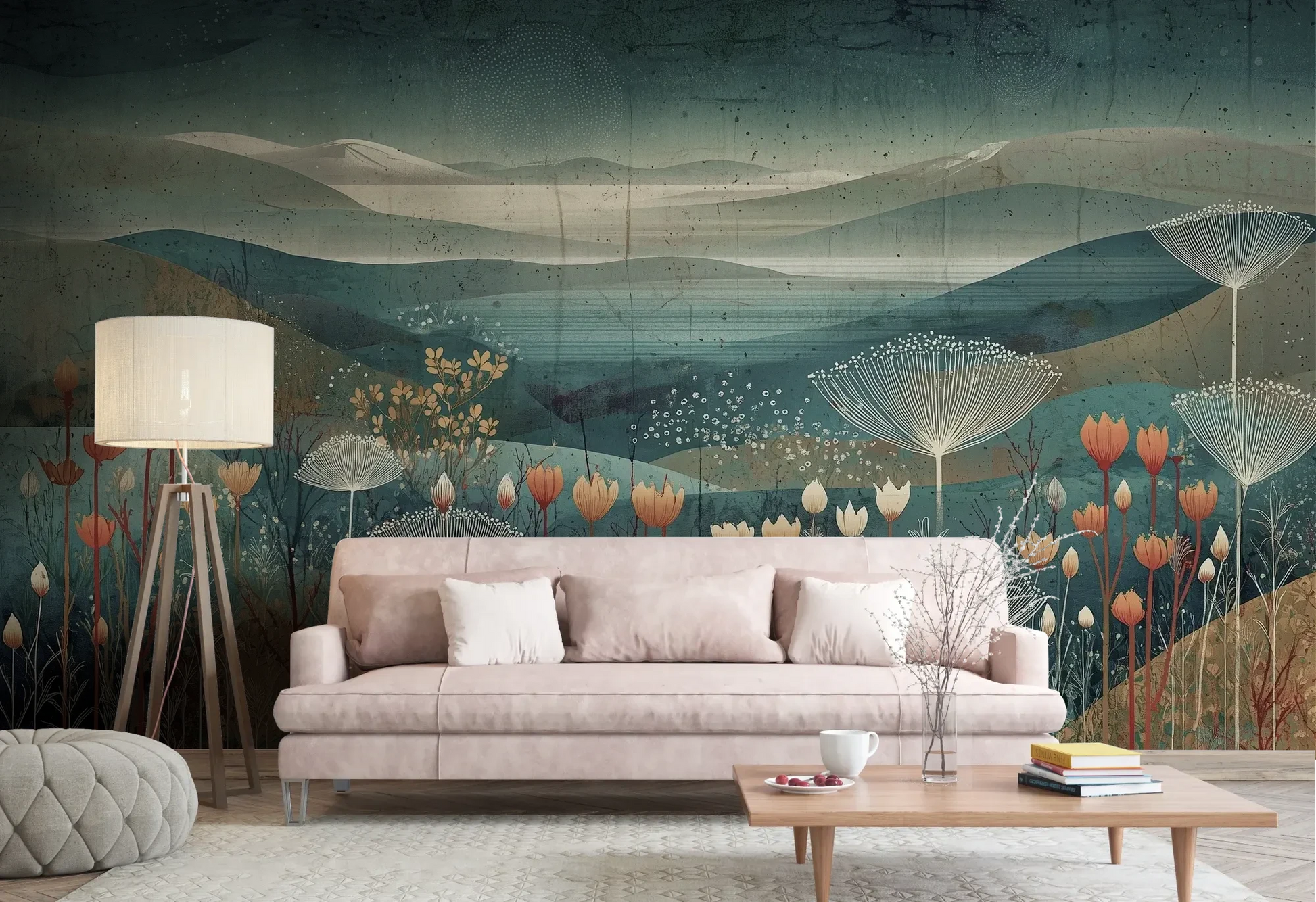 Wzór fototapety ETHEREAL VALLEYS - tapeta z marzycielskim krajobrazem pokazanej w aranżacji salonu.