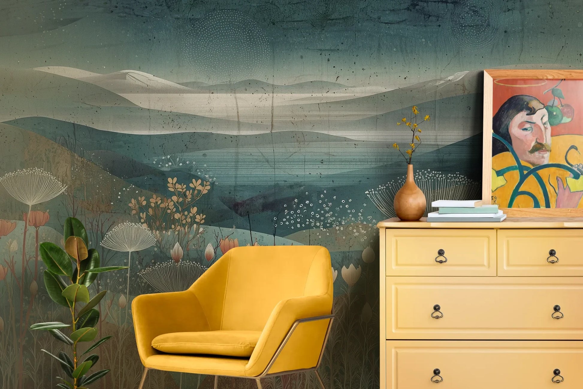 Wzór fototapety ETHEREAL VALLEYS - tapeta z marzycielskim krajobrazem pokazanej w aranżacji salonu.