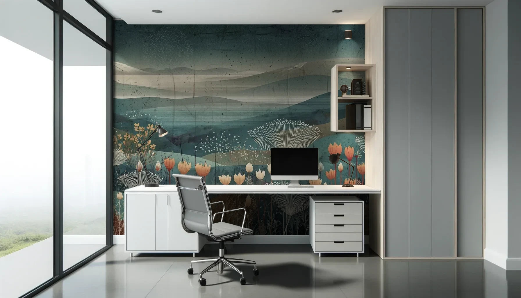 Fototapeta ETHEREAL VALLEYS - tapeta z marzycielskim krajobrazem pokazana w aranżacji biura.