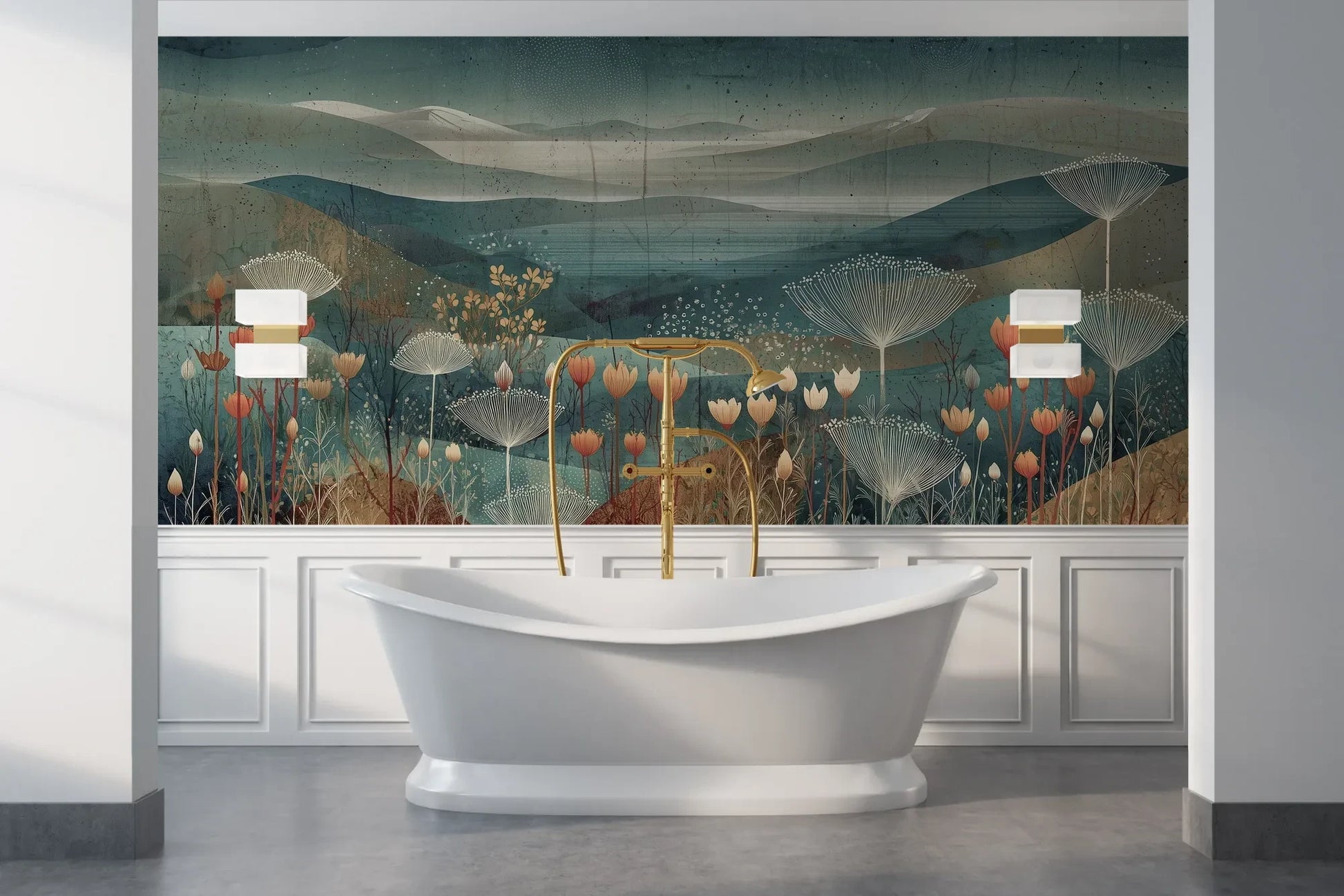 Wzór fototapety ETHEREAL VALLEYS - tapeta z marzycielskim krajobrazem pokazanej w aranżacji łazienki.